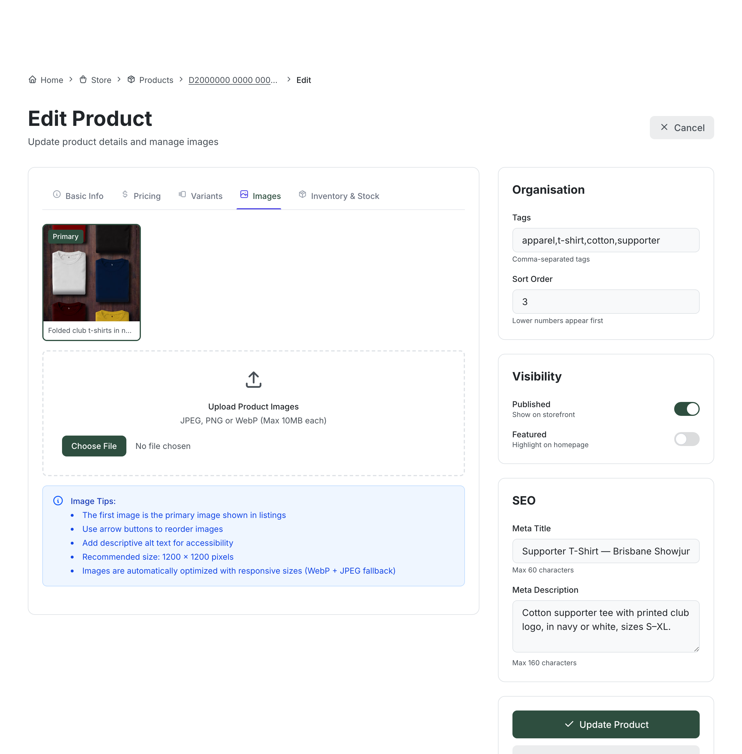 The Images tab showing an uploaded product photo marked Primary, the upload area, and image tips