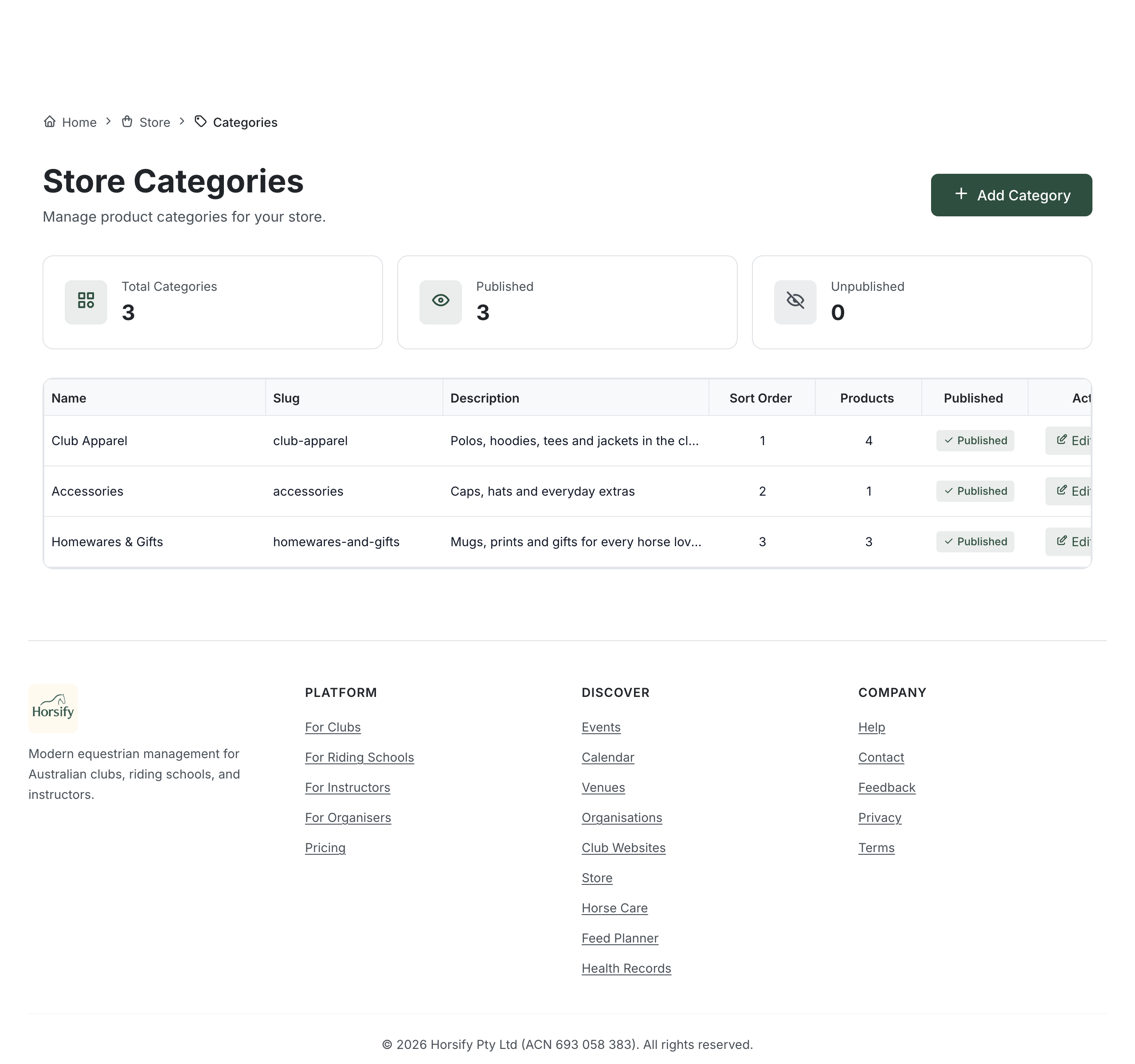 The Store Categories page listing three categories with their slugs, descriptions, sort order and product counts