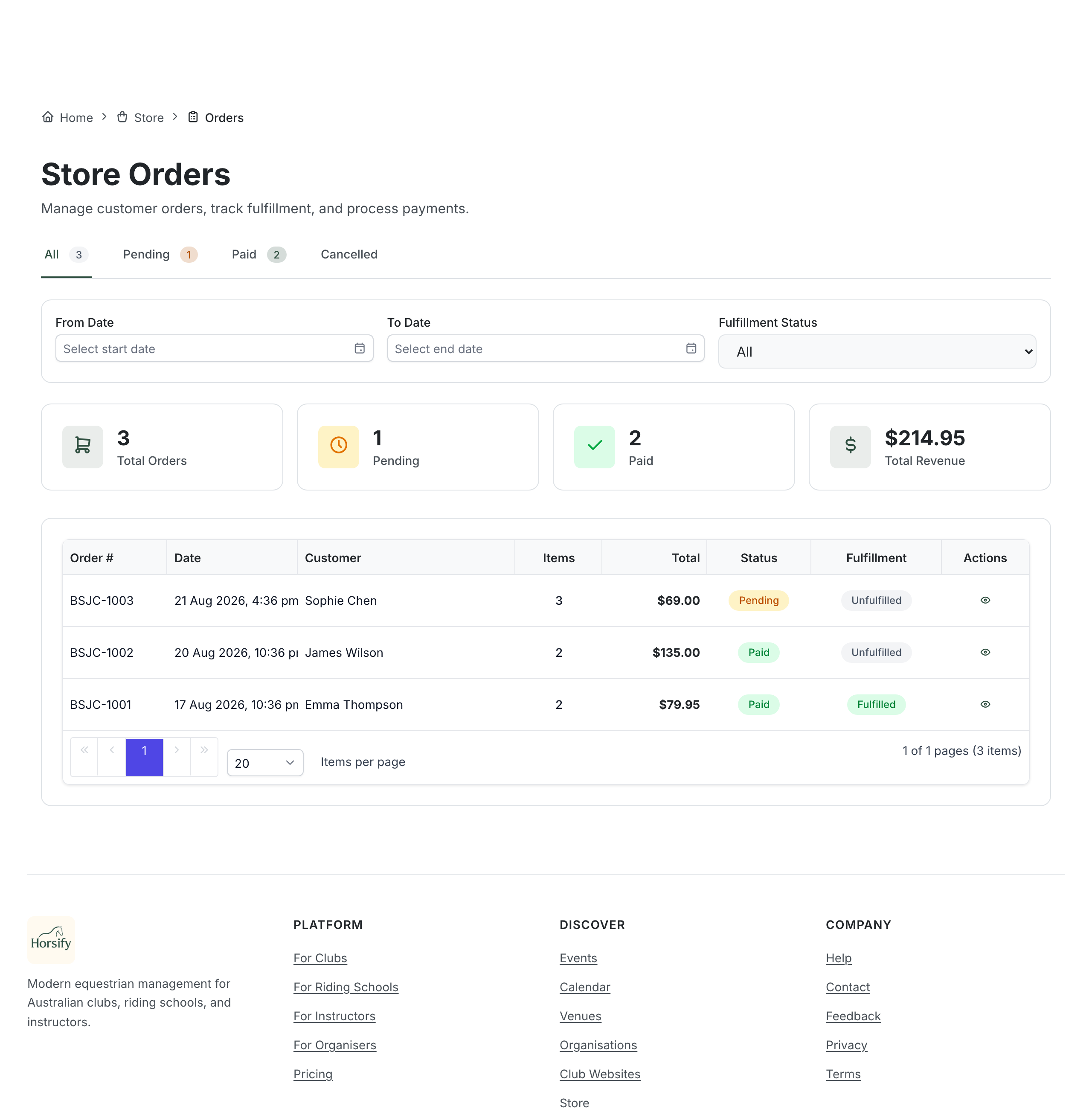 The Store Orders page showing three orders with customer names, totals, status and fulfilment badges, plus summary tiles for total, pending, paid and revenue