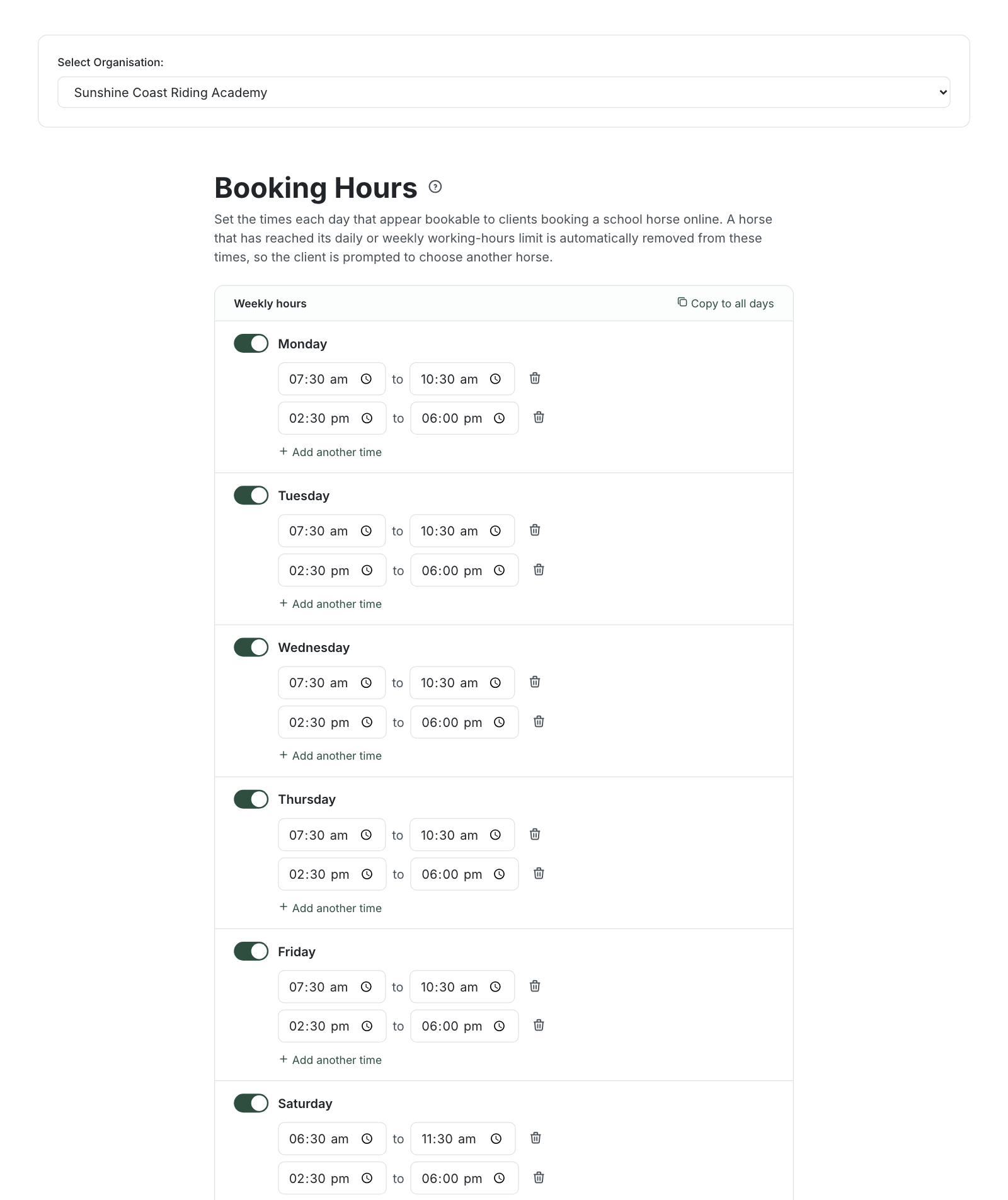 The Booking Hours page showing the weekly hours editor