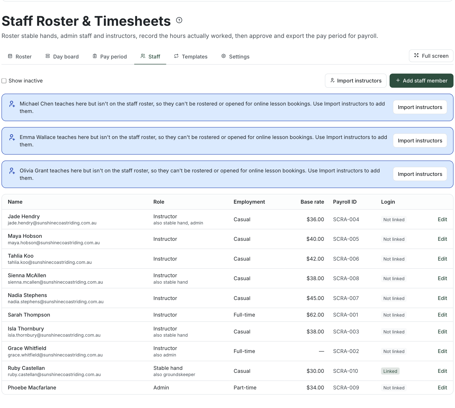 The Staff tab: name, role, employment type, base rate, payroll ID and whether each login is linked