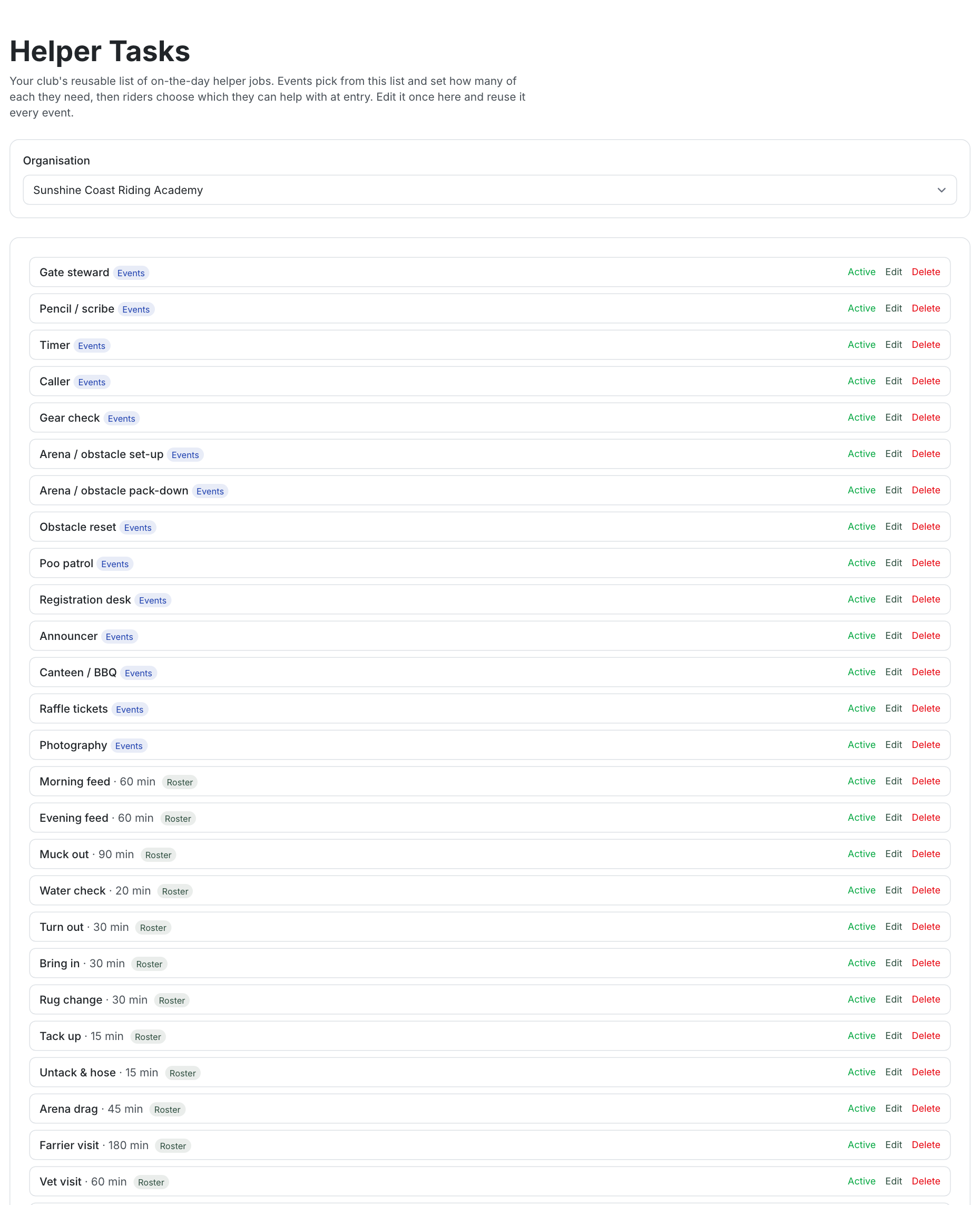 The Helper Tasks page, with each job tagged Roster, Events or both