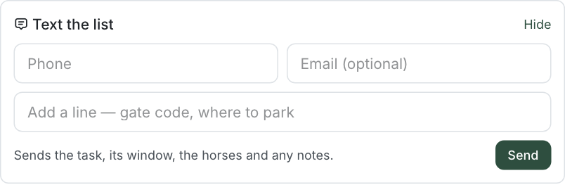 Text the list: phone, optional email, a line to add, and Send