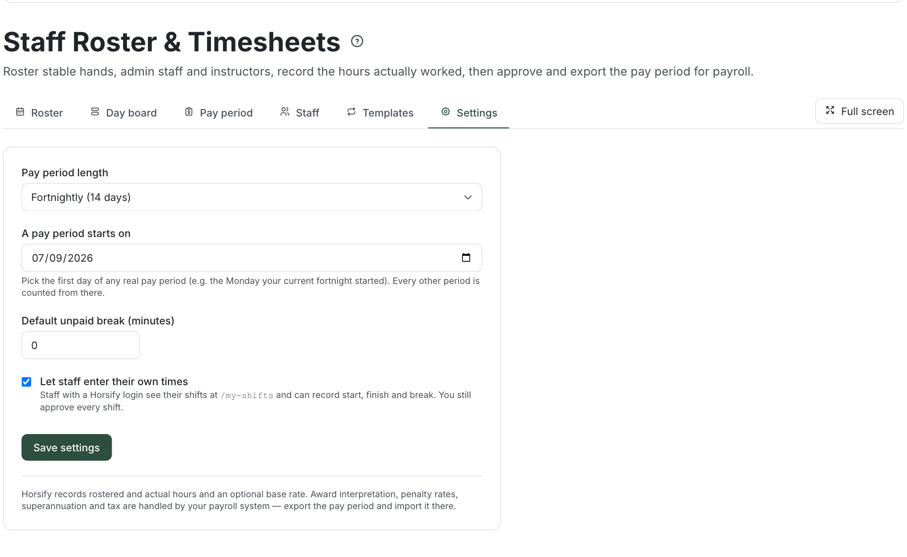 The Settings tab: pay period length and start date, default break, and staff self-service