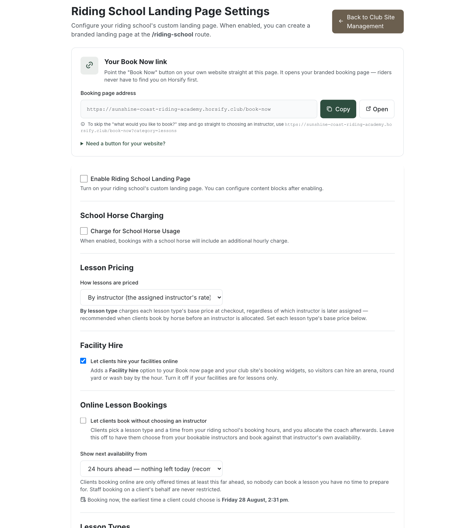 The Riding School Landing Page Settings screen with the enable toggle, URL slug, navigation options and lesson types