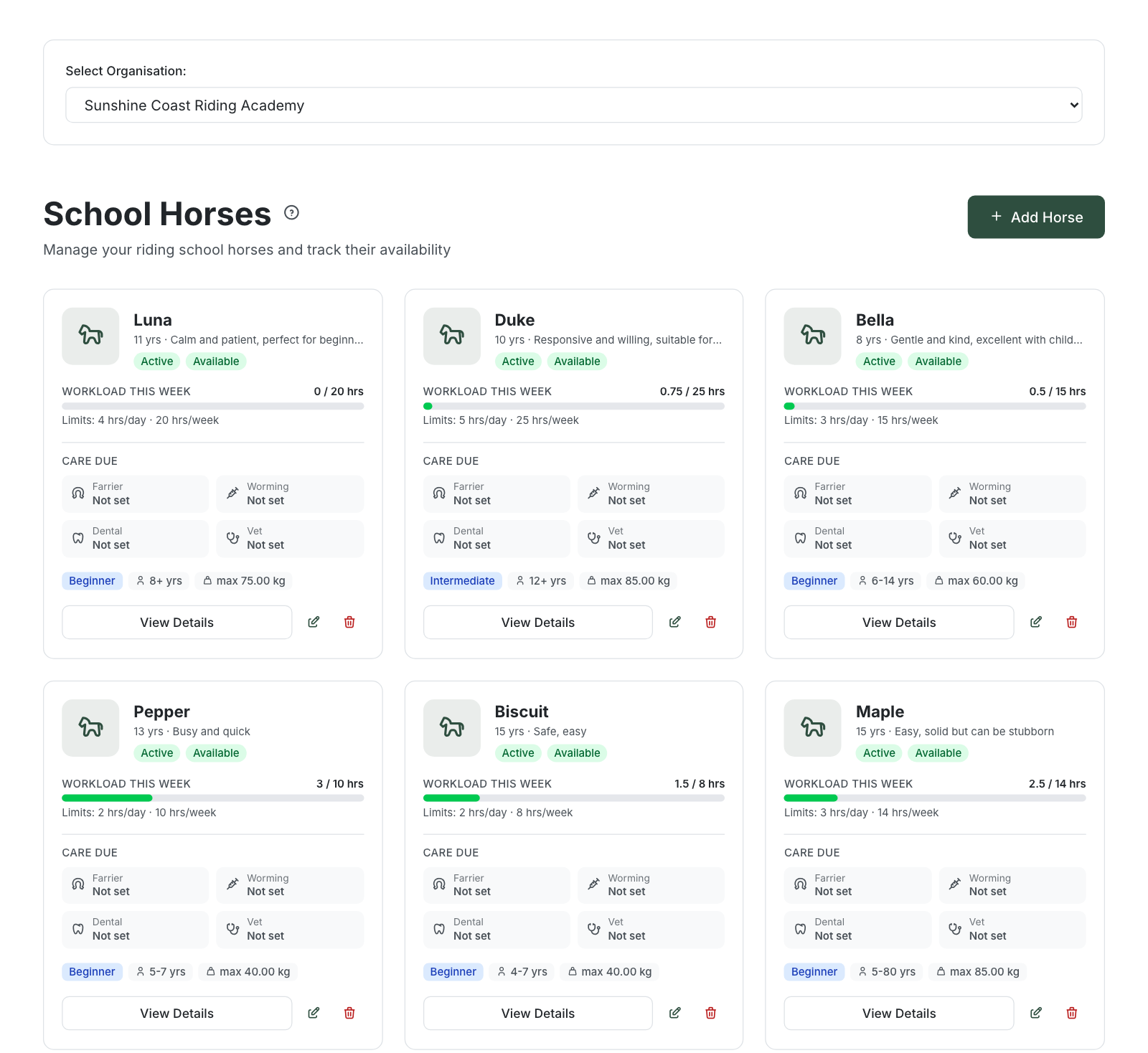 The School Horses page showing horse cards with status and bookability badges