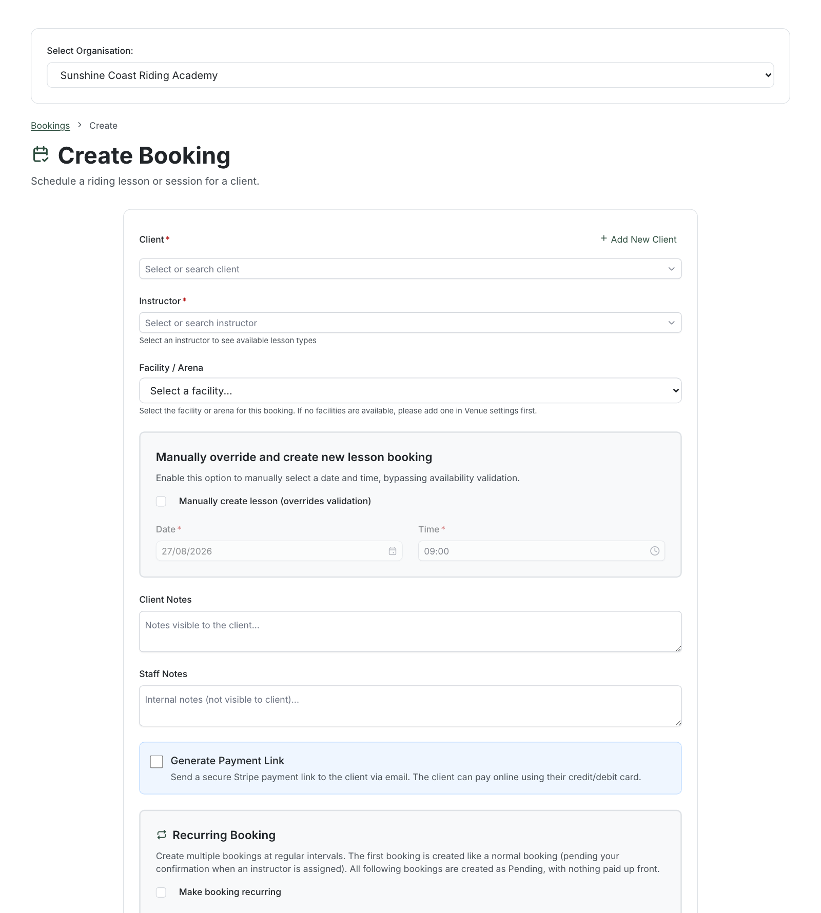 The Create Booking form with client, instructor, lesson type and time slot fields