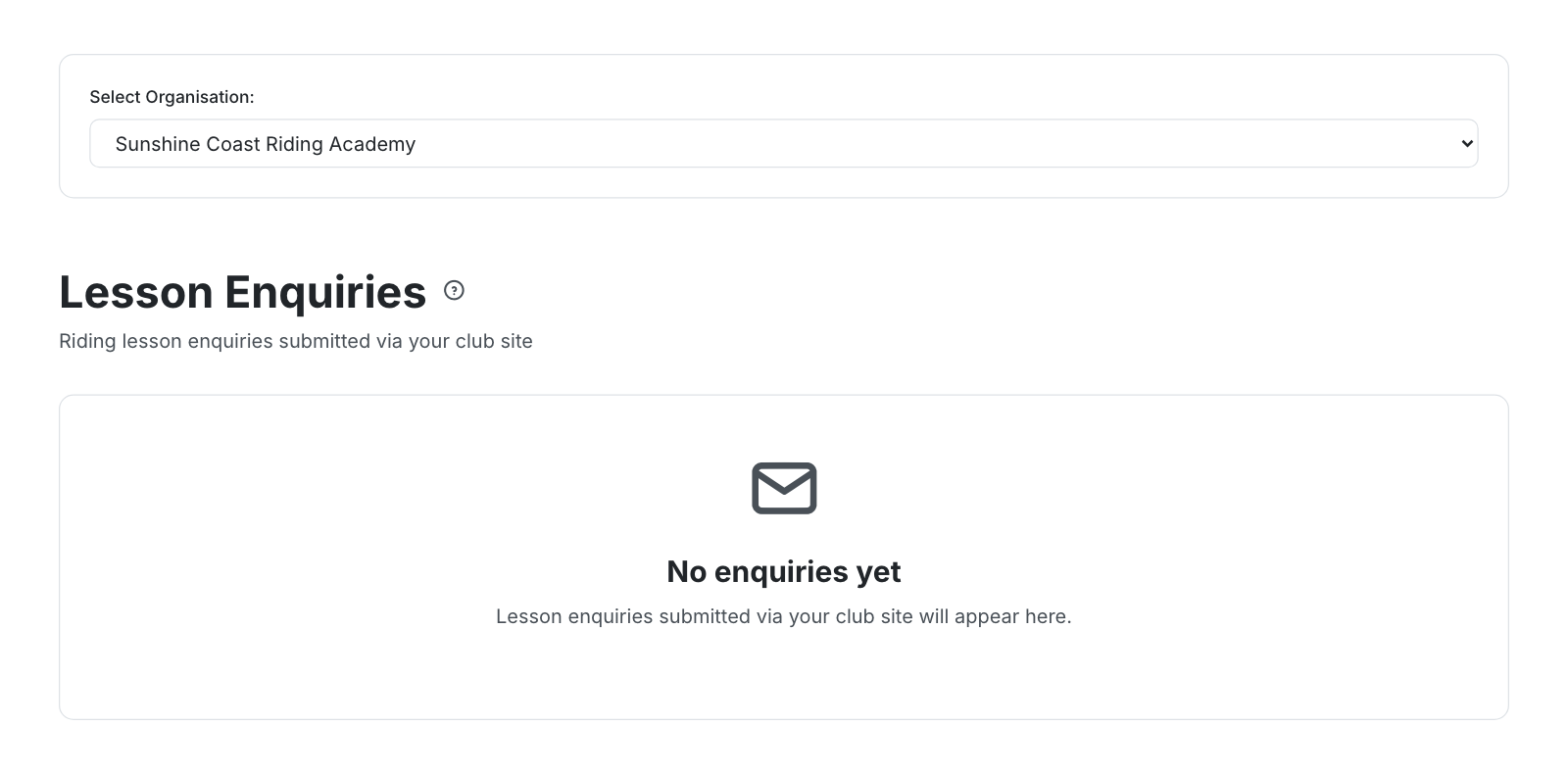 The Lesson Enquiries page with a table of submissions and unread indicators