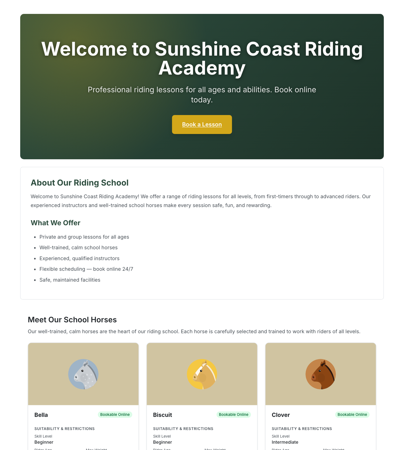 A public riding-school landing page with hero image, instructor profiles and booking buttons
