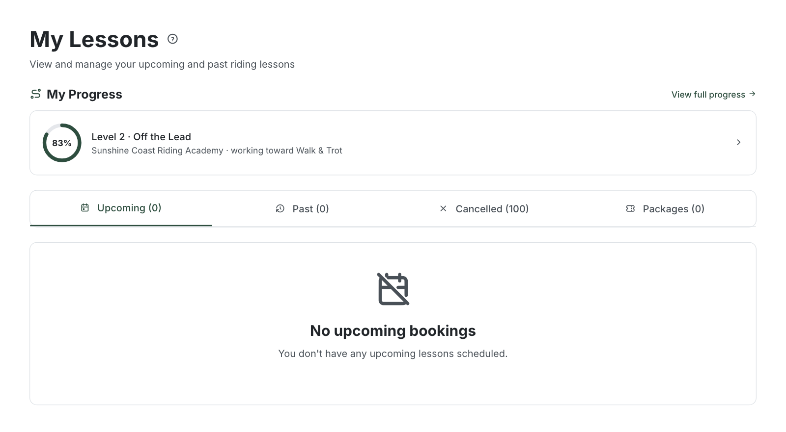 The rider's My Bookings page showing upcoming lessons with status badges