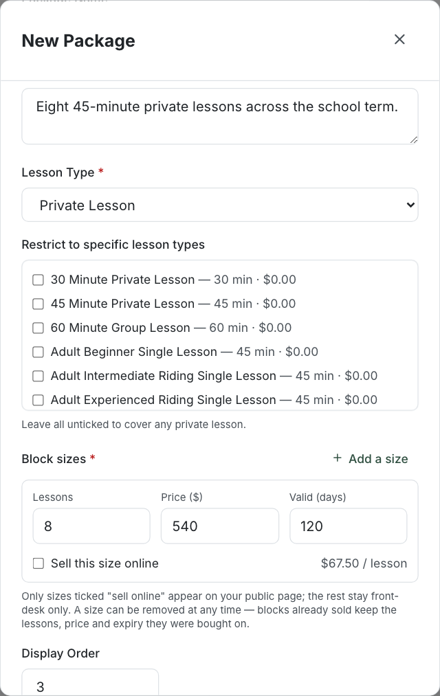 The New Package form