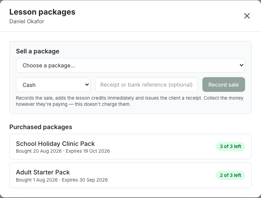 The client's Lesson packages dialog, showing the sell control and their current balances