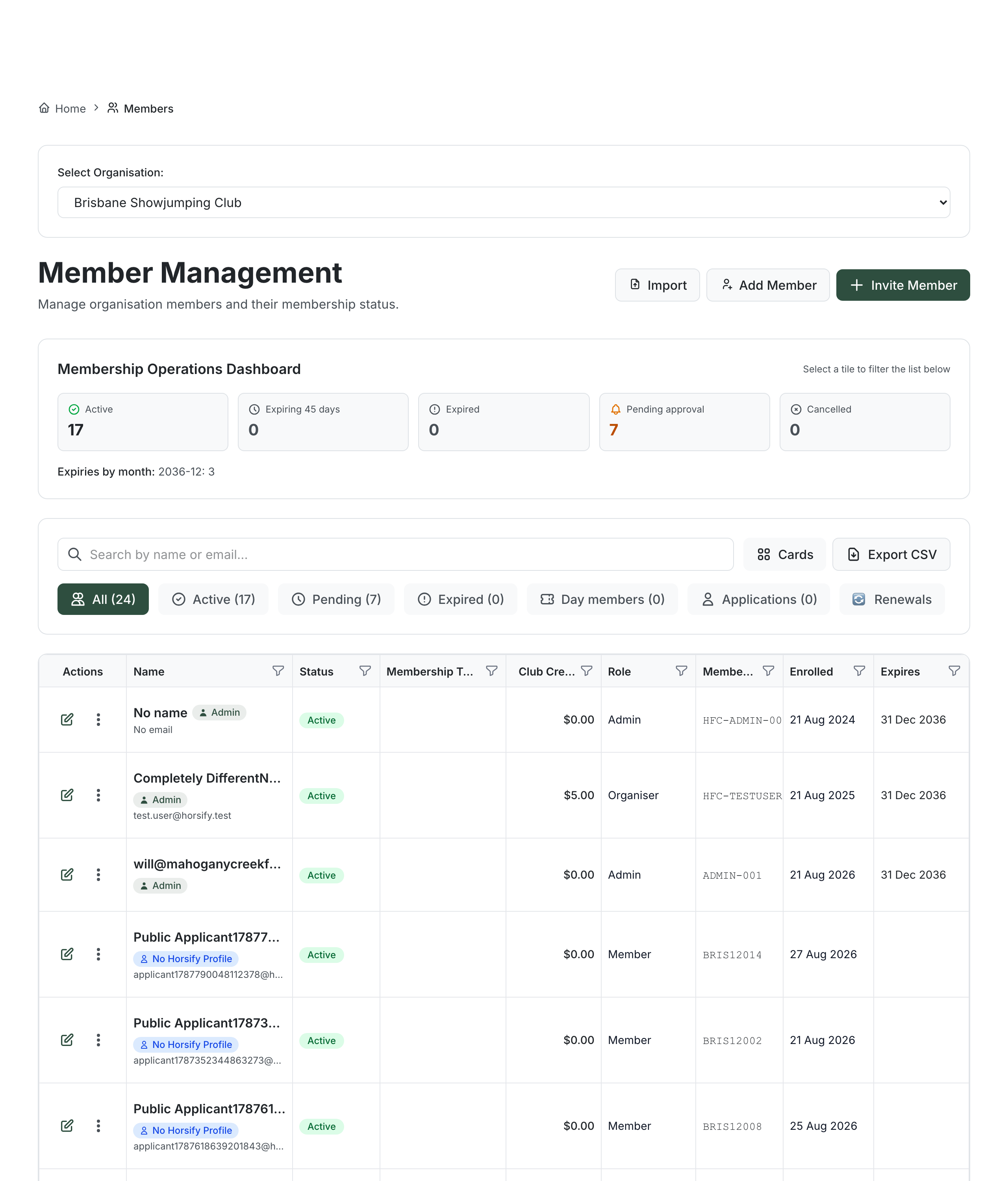 Member Management page showing the organisation selector, the Membership Operations Dashboard tiles (Active, Expiring, Expired, Pending, Cancelled) and the member list