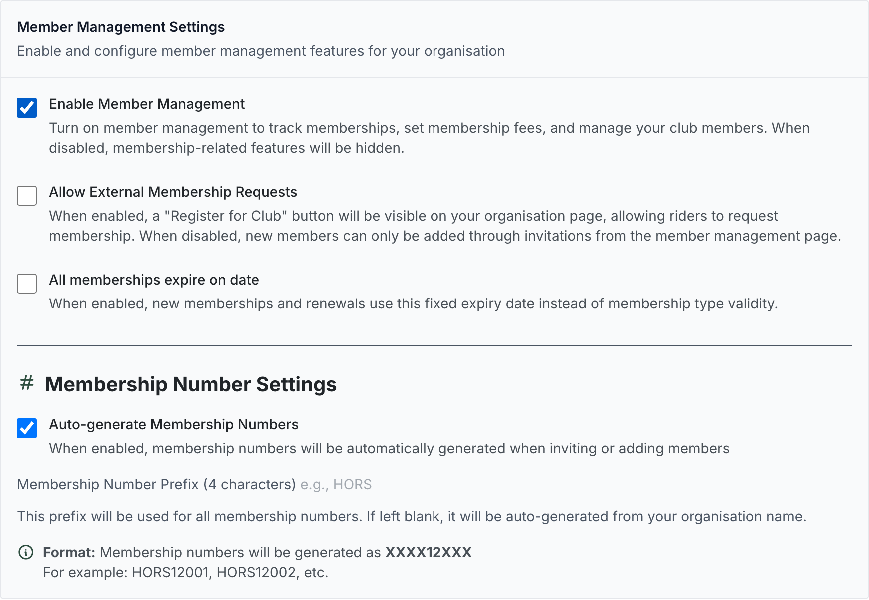 Member Management Settings card with Enable Member Management, Allow External Membership Requests and All memberships expire on date toggles, plus the Membership Number Settings with auto-generate and prefix