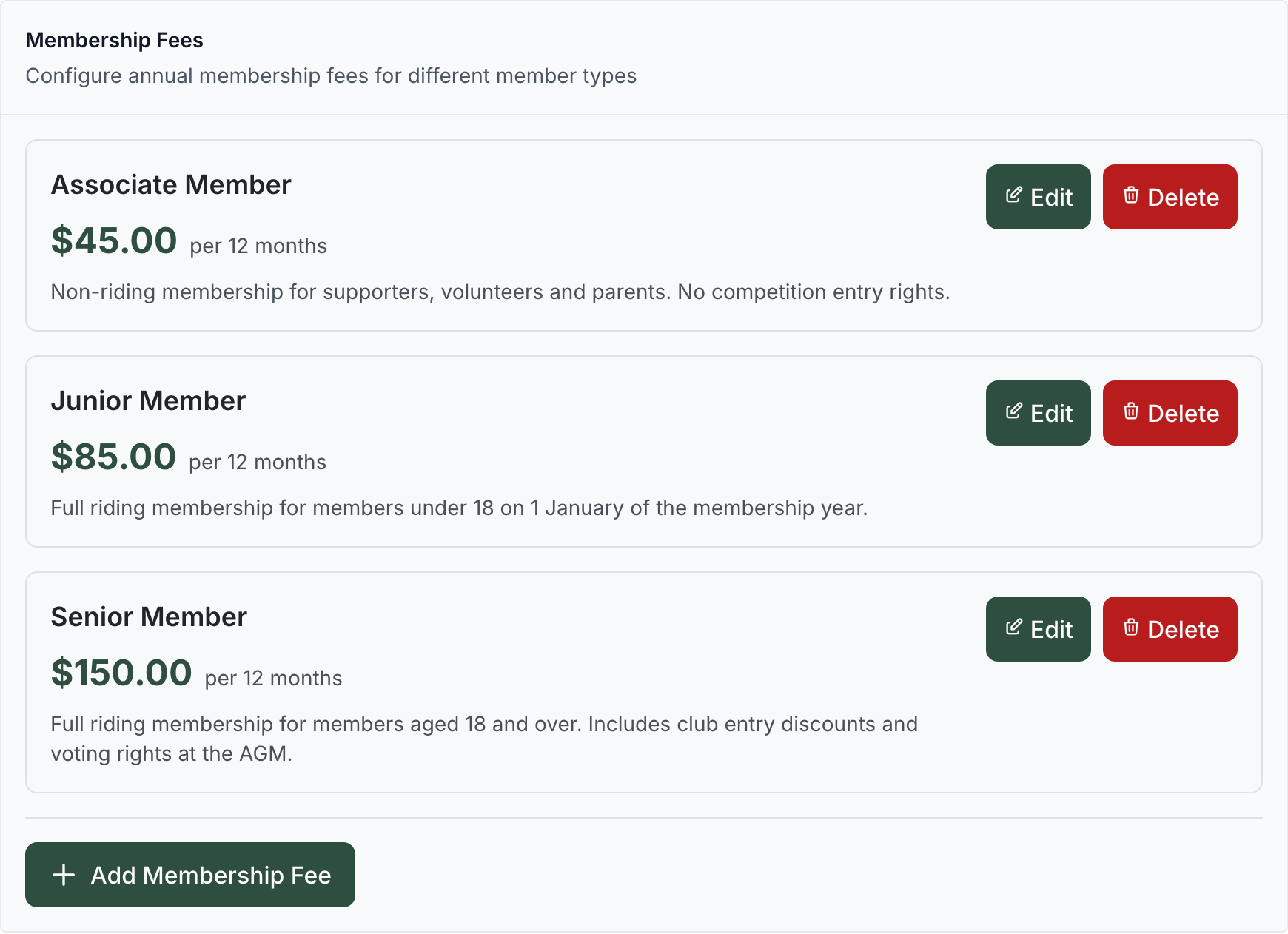 Membership Fees list showing Adult Member, Family Membership, Junior Member and Life Member with prices, validity and half-year rates, plus an Add Membership Fee button