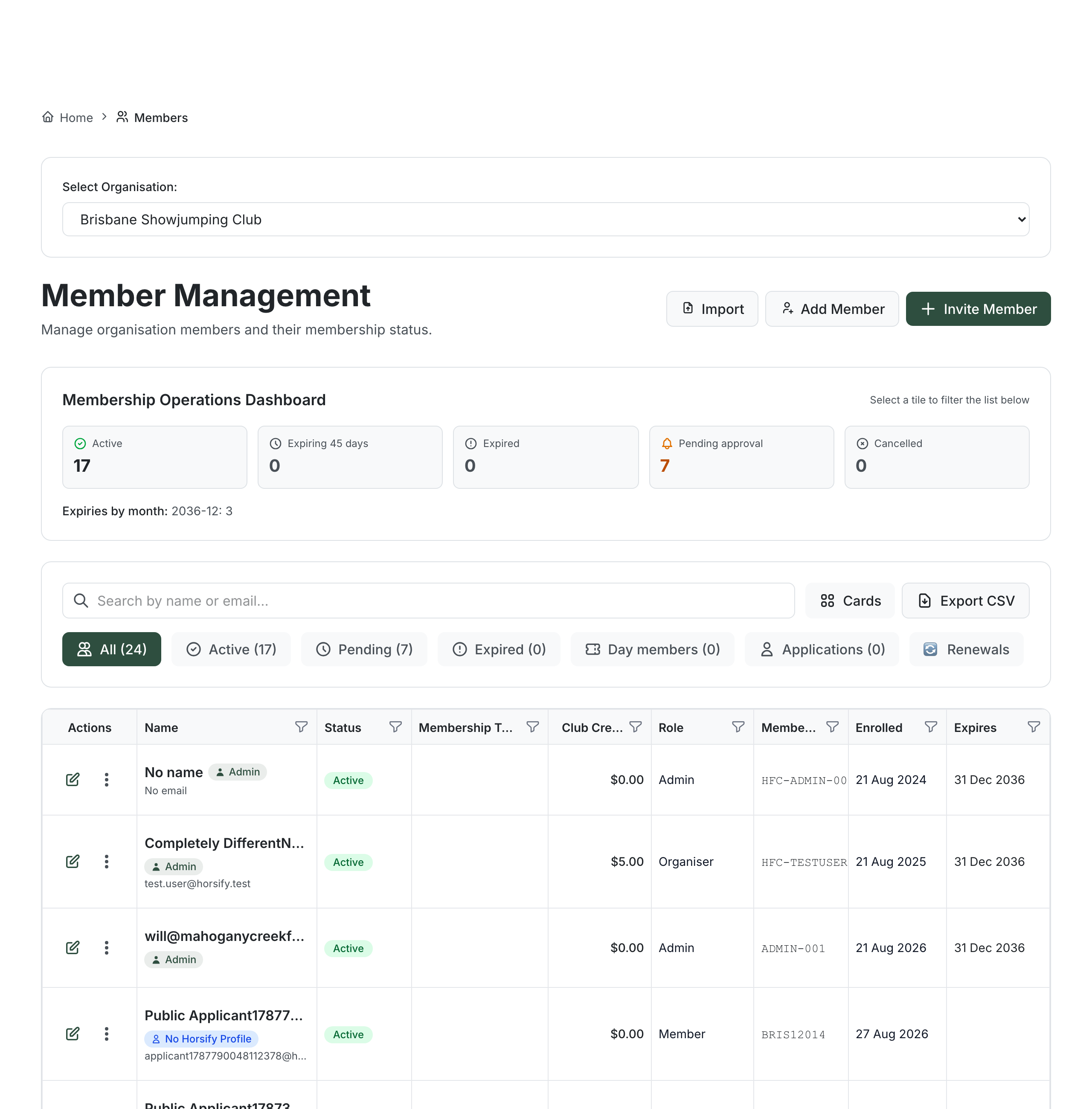 Member list in table view with sortable columns for name, status, membership type, club credit, role, member number, enrolment and expiry dates, including a dependant row