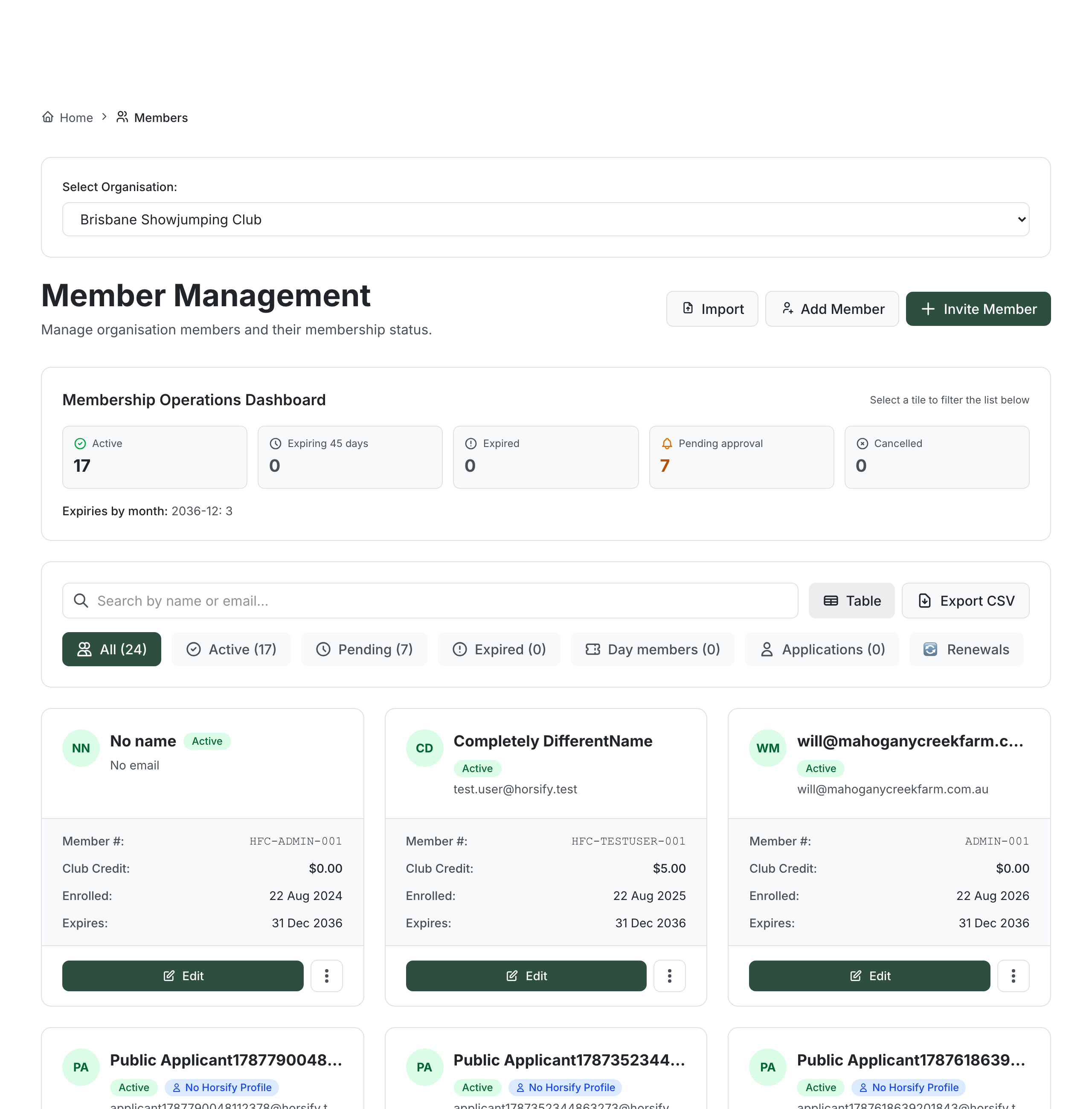 Member list in card view, each member shown as a card with their status, membership type and details