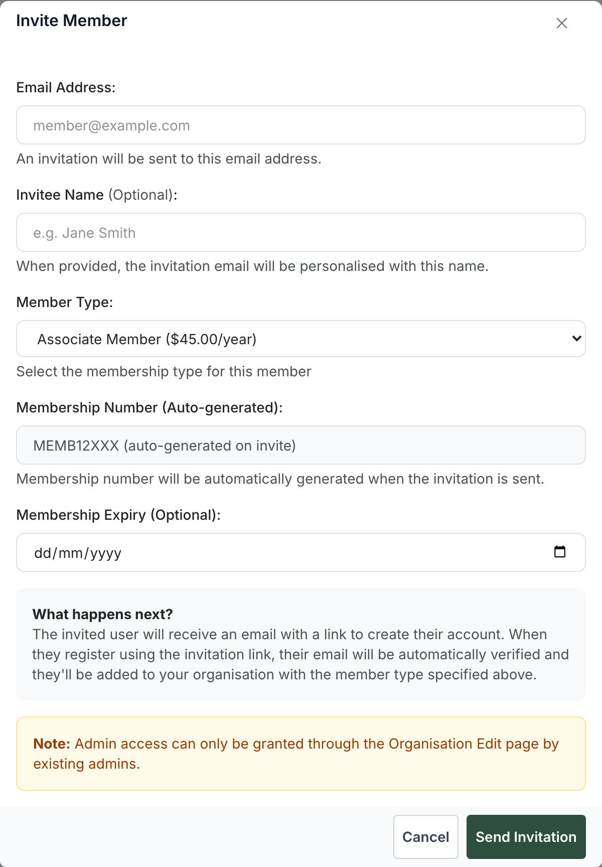 Invite Member dialog with fields for email address, optional invitee name, member type, an auto-generated membership number and optional expiry, plus a What happens next explainer