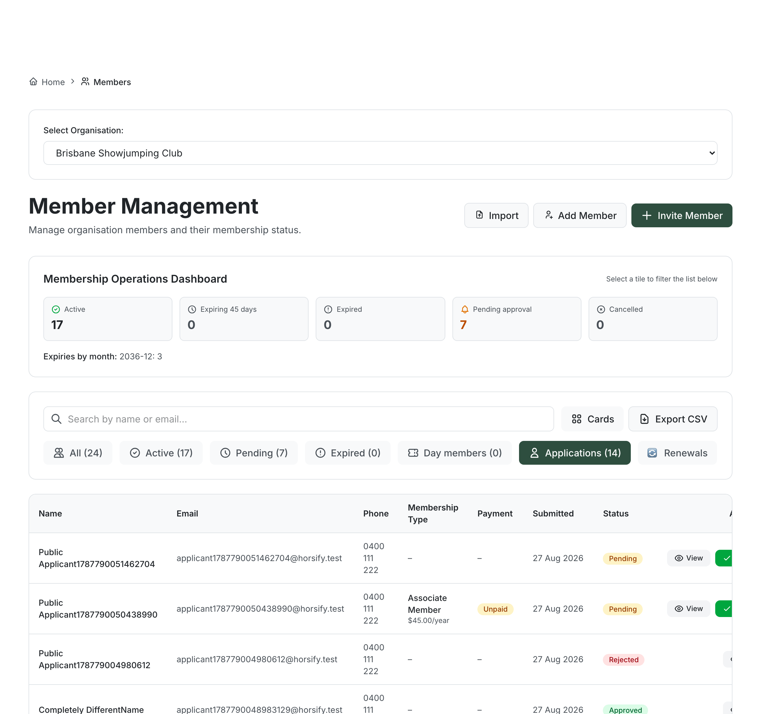 Applications tab listing pending membership applications with name, email, phone, membership type, payment status, submitted date, status and Approve/Reject/View actions