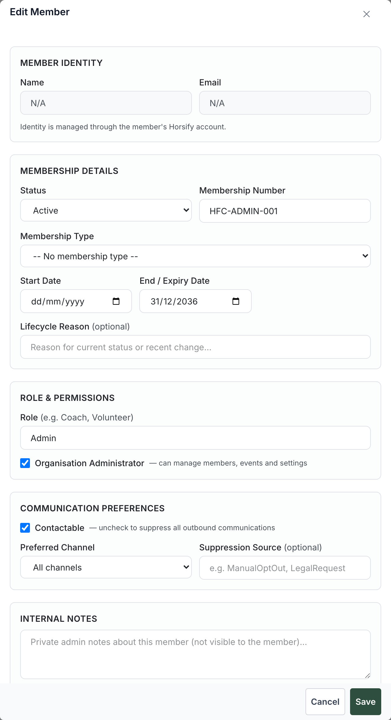 Edit Member dialog with sections for Member Identity, Membership Details (status, number, type, dates), Role & Permissions, Communication Preferences, Internal Notes and Club Credit