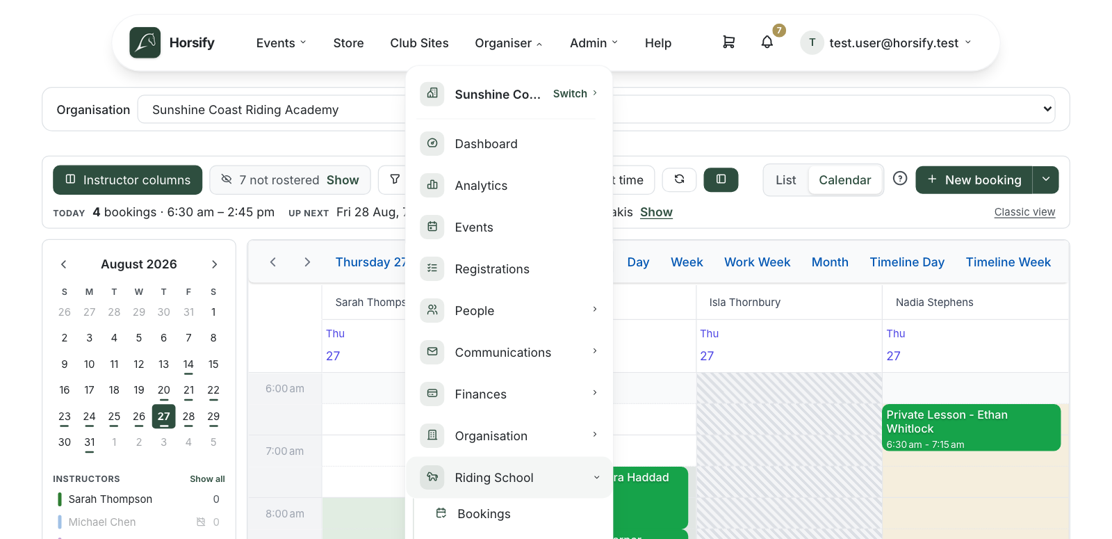 Riding School menu in the Organiser navigation