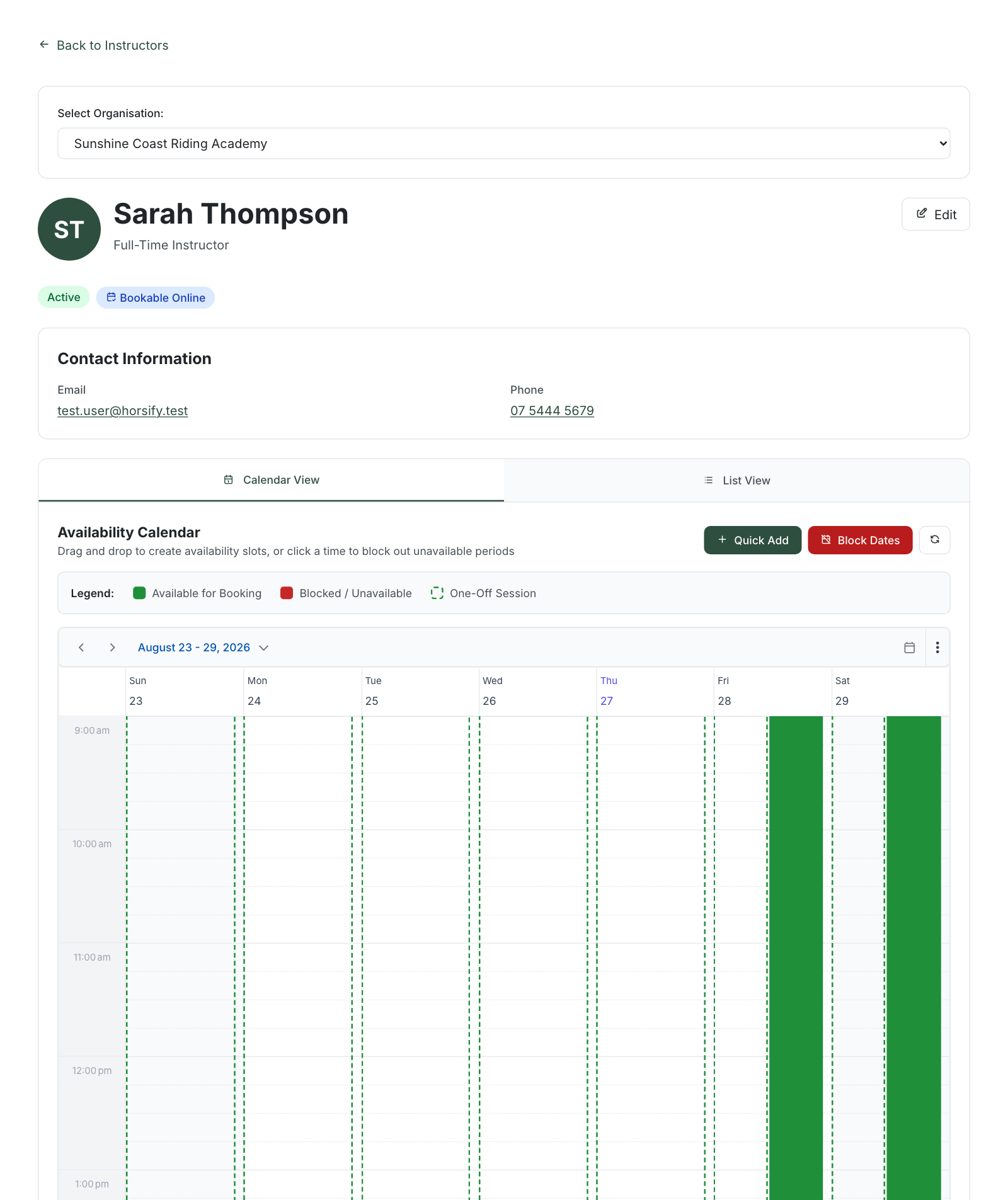 Instructor detail page with the availability calendar