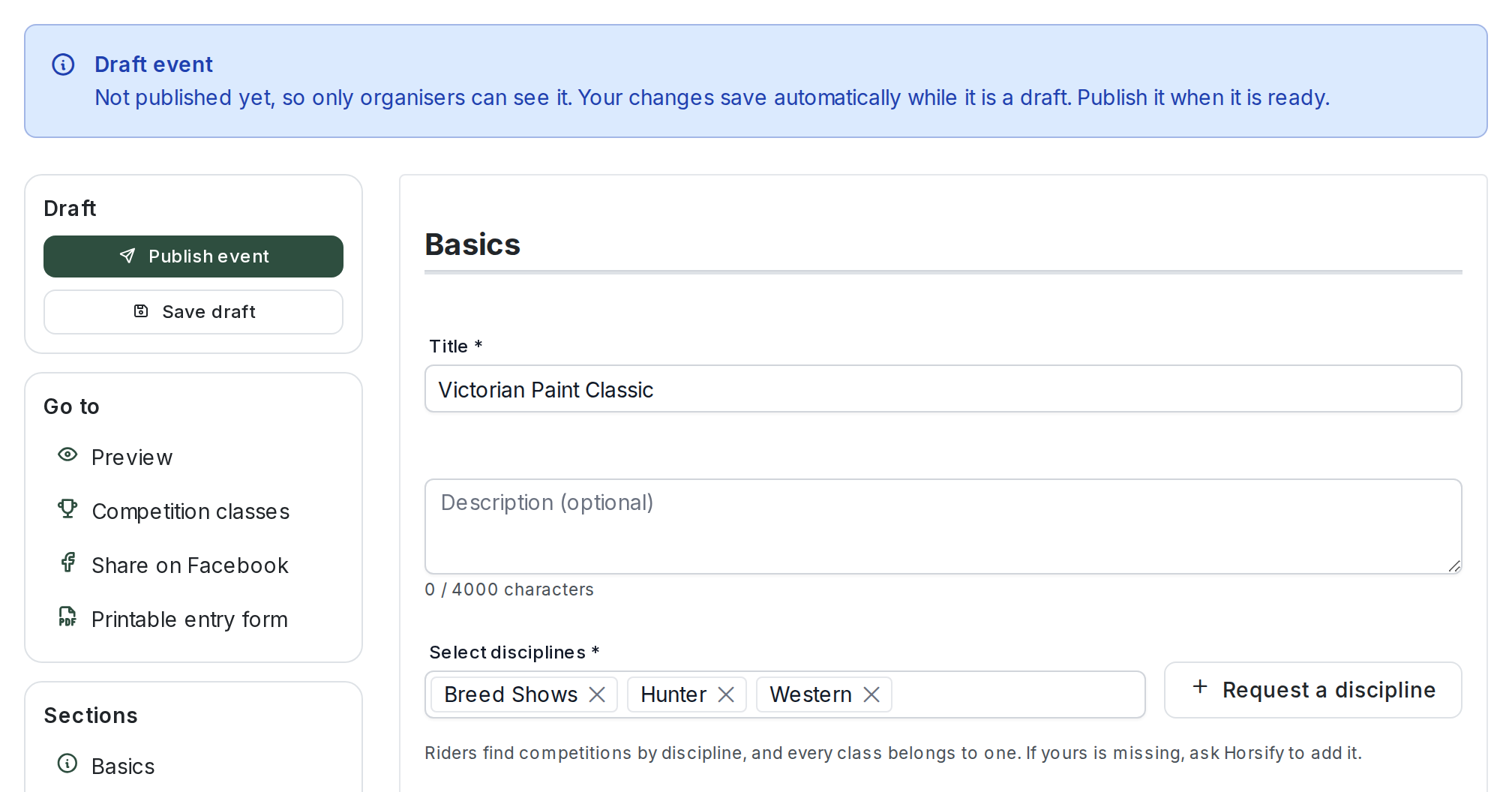 The Edit event page for a draft: a blue "Draft event" banner, a sidebar with Publish event and Save draft, the Go to and Sections lists, and the Basics fields: Title, Description with a character counter, and the disciplines with a Request a discipline button