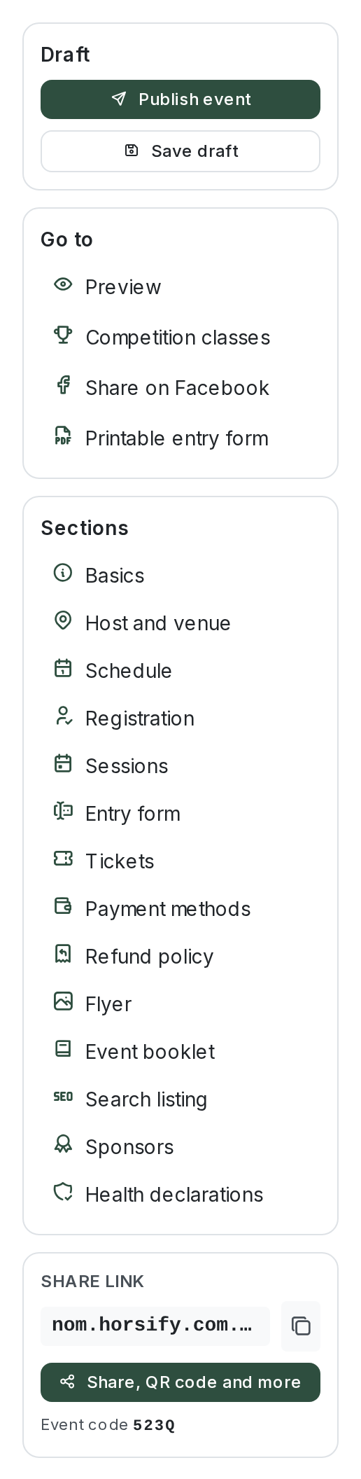 The sidebar of a draft: a Draft panel with Publish event and Save draft, a Go to panel with Preview, Competition classes, Share on Facebook and Printable entry form, and a Sections list from Basics through Health declarations