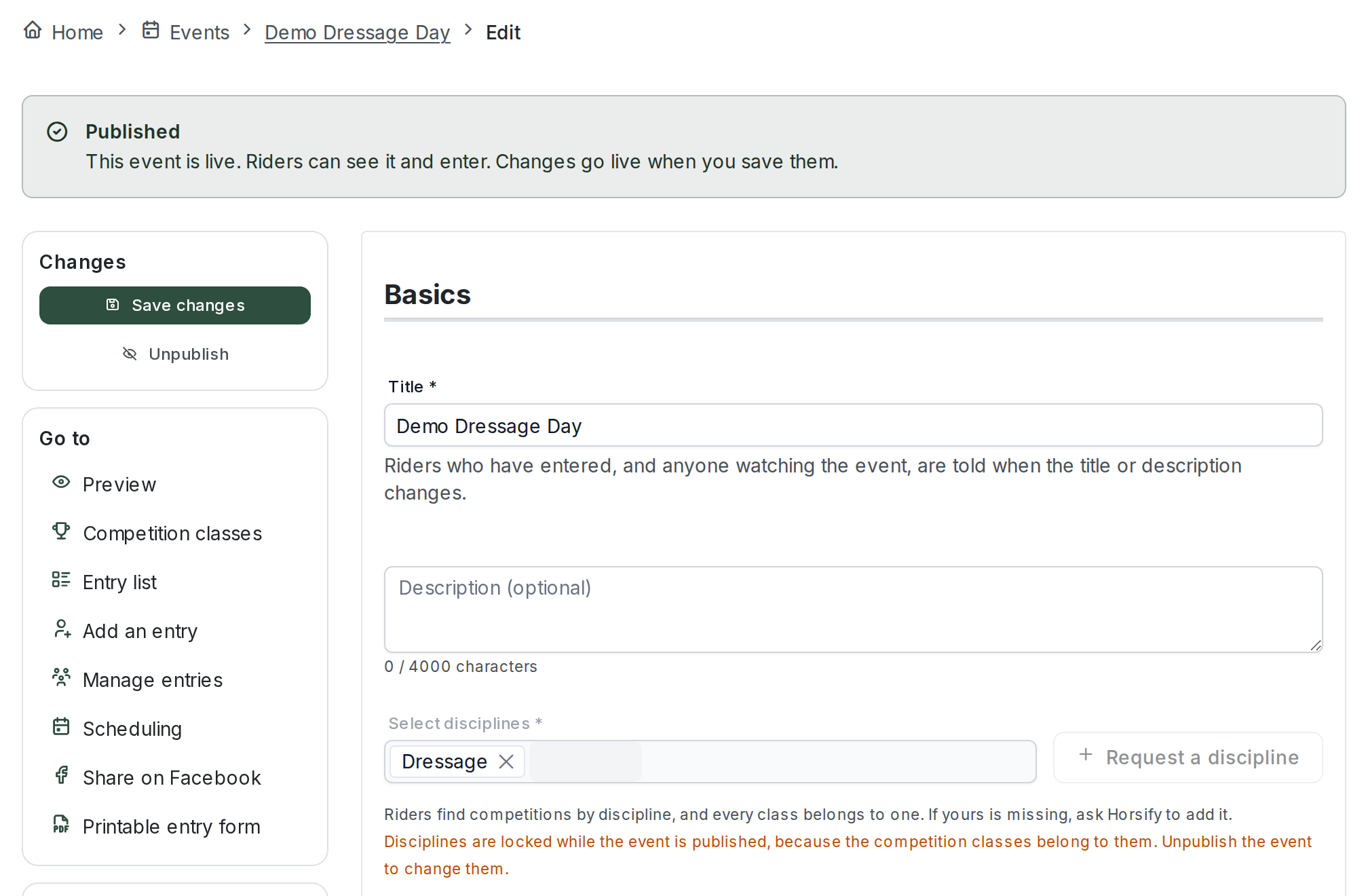 A published event's edit screen: a green "Published" banner, the save panel offering Save changes and Unpublish, and a greyed-out Disciplines field with an amber note reading "Disciplines are locked while the event is published"
