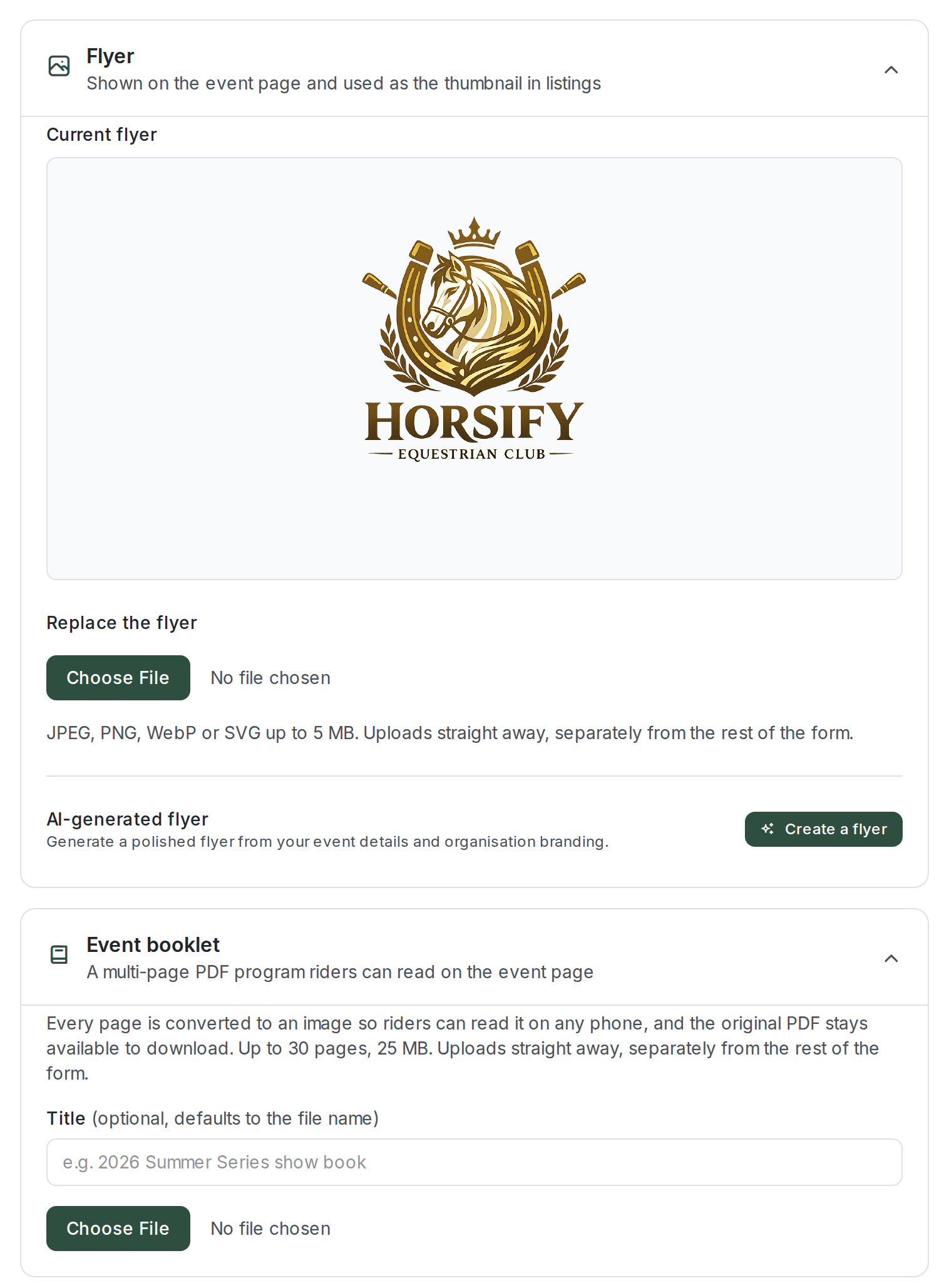 The Flyer section with an Upload a flyer file picker and an AI-generated flyer row with a Create a flyer button, above the Event booklet section explaining that every page is converted to an image, up to 30 pages and 25 MB, with a title field and file picker
