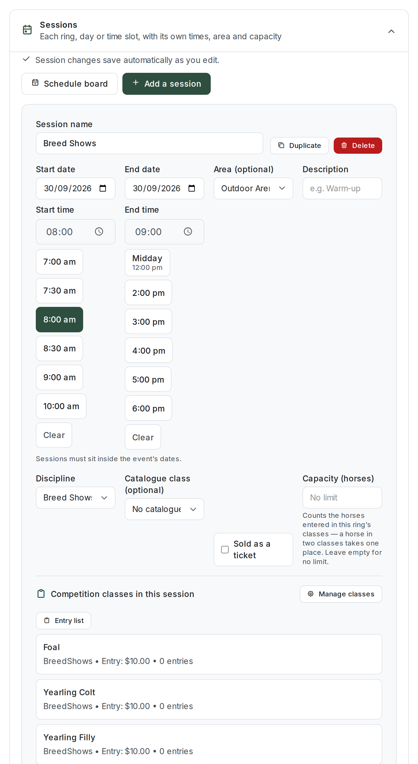 The Sessions section of a draft that runs as more than one session: a note that session changes save automatically, Schedule board and Add a session buttons, and a session card with its name, dates, times, area, discipline, capacity, a Sold as a ticket option and the competition classes in that session
