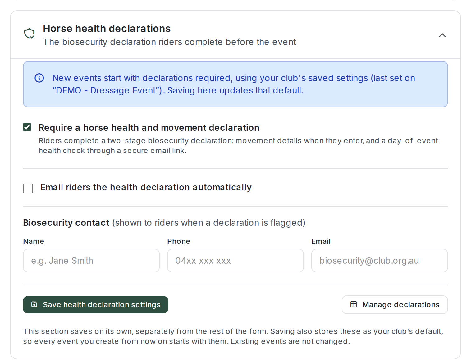 The Horse health declarations section with "Require a horse health and movement declaration" ticked, an "Email riders the health declaration automatically" tick box, Biosecurity contact name, phone and email fields, and Save health declaration settings and Manage declarations buttons