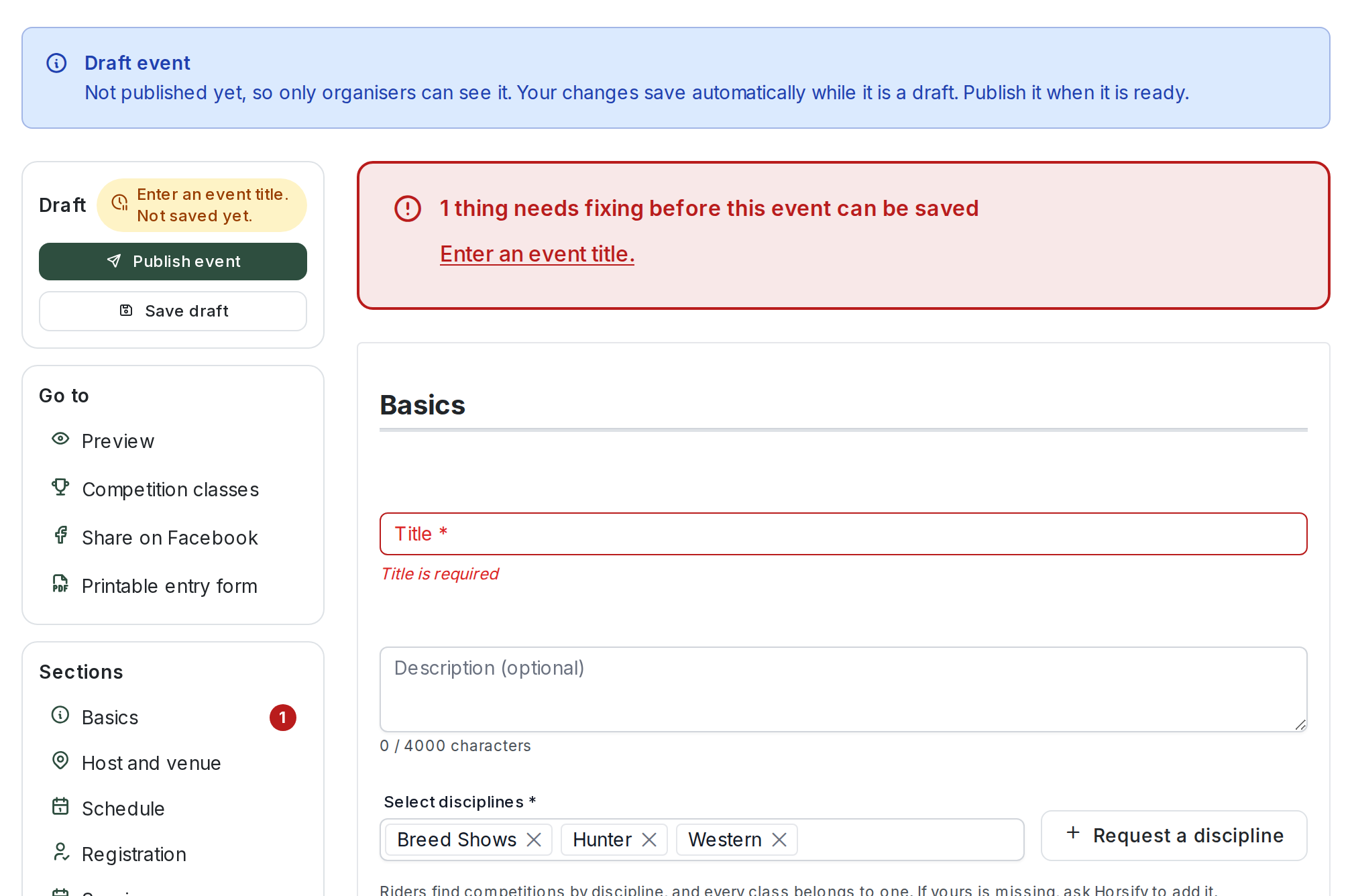 A draft after pressing Publish event with a blank title: the sidebar chip reads "Enter an event title. Not saved yet.", the Sections list shows a red 1 beside Basics, and a red summary above the form reads "1 thing needs fixing before this event can be saved" with "Enter an event title." as a link