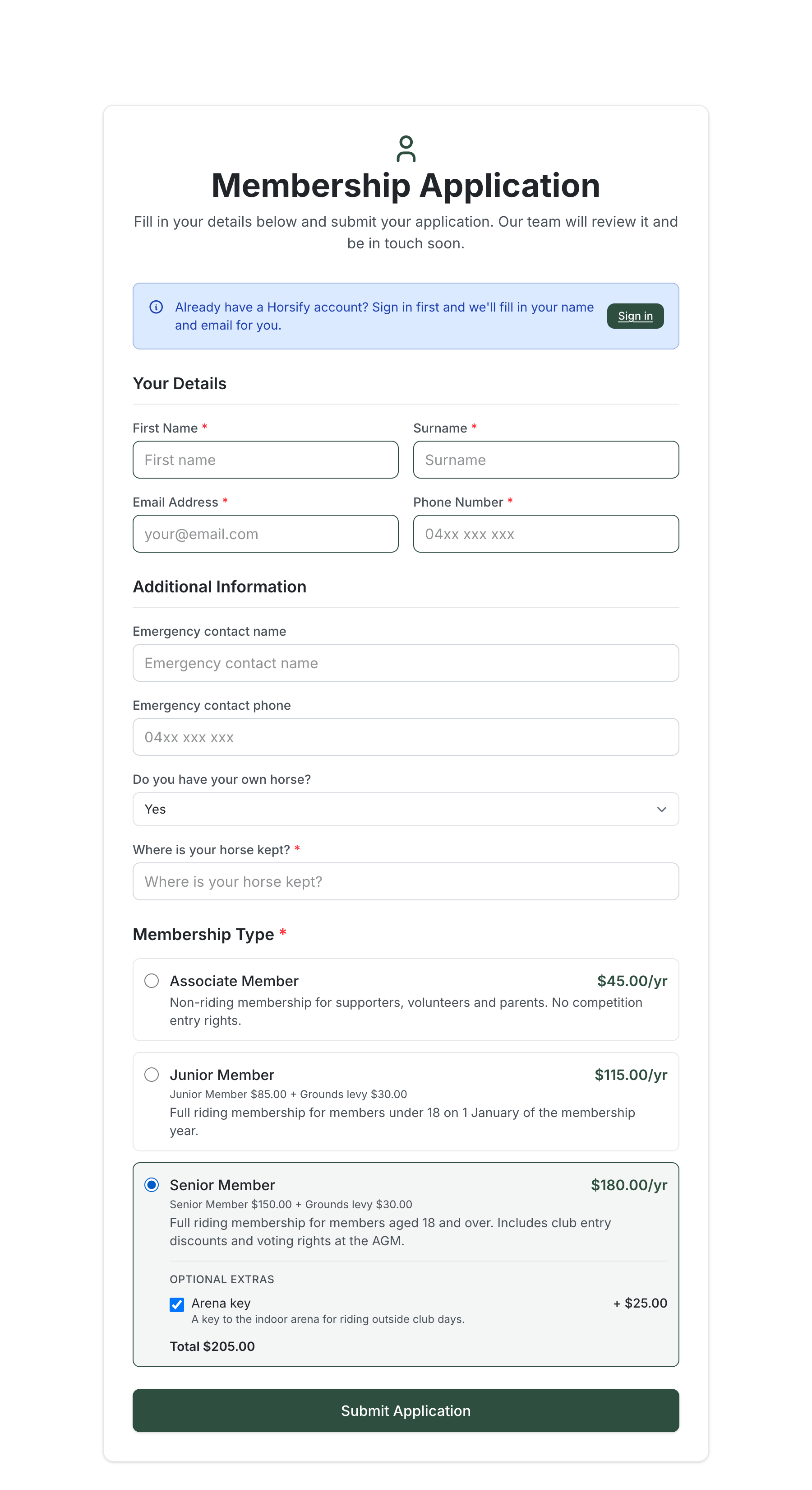 Public membership application form with the Senior Member type selected, showing its base fee plus Grounds levy, an optional Arena key ticked and a total of $205.00