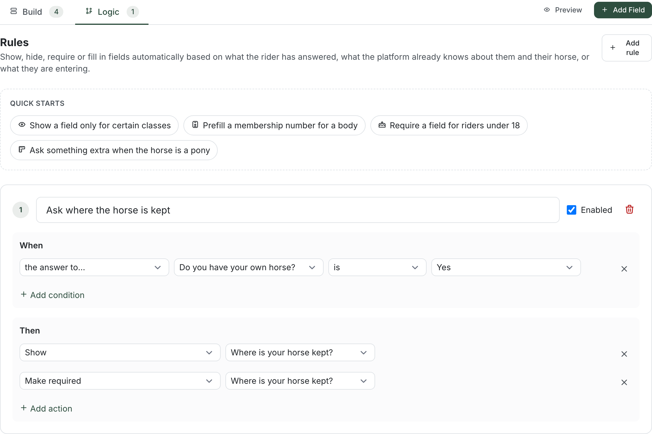 The form designer's Logic tab for a Membership Application template, with one rule: when the answer to Do you have your own horse is Yes, then show and make required Where is your horse kept
