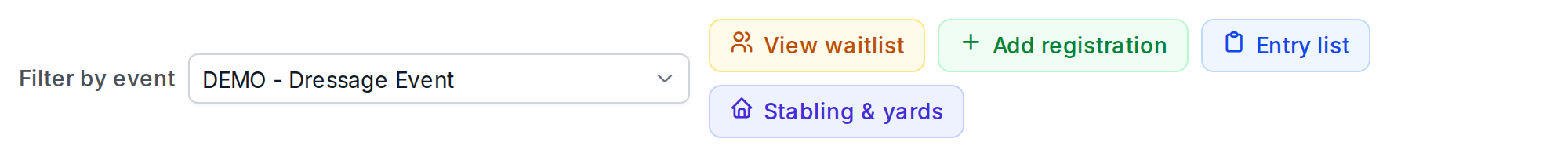 The Filter by event picker on the Registration Management page with a demo event chosen, and beside it the View waitlist, Add registration, Entry list and Stabling & yards buttons