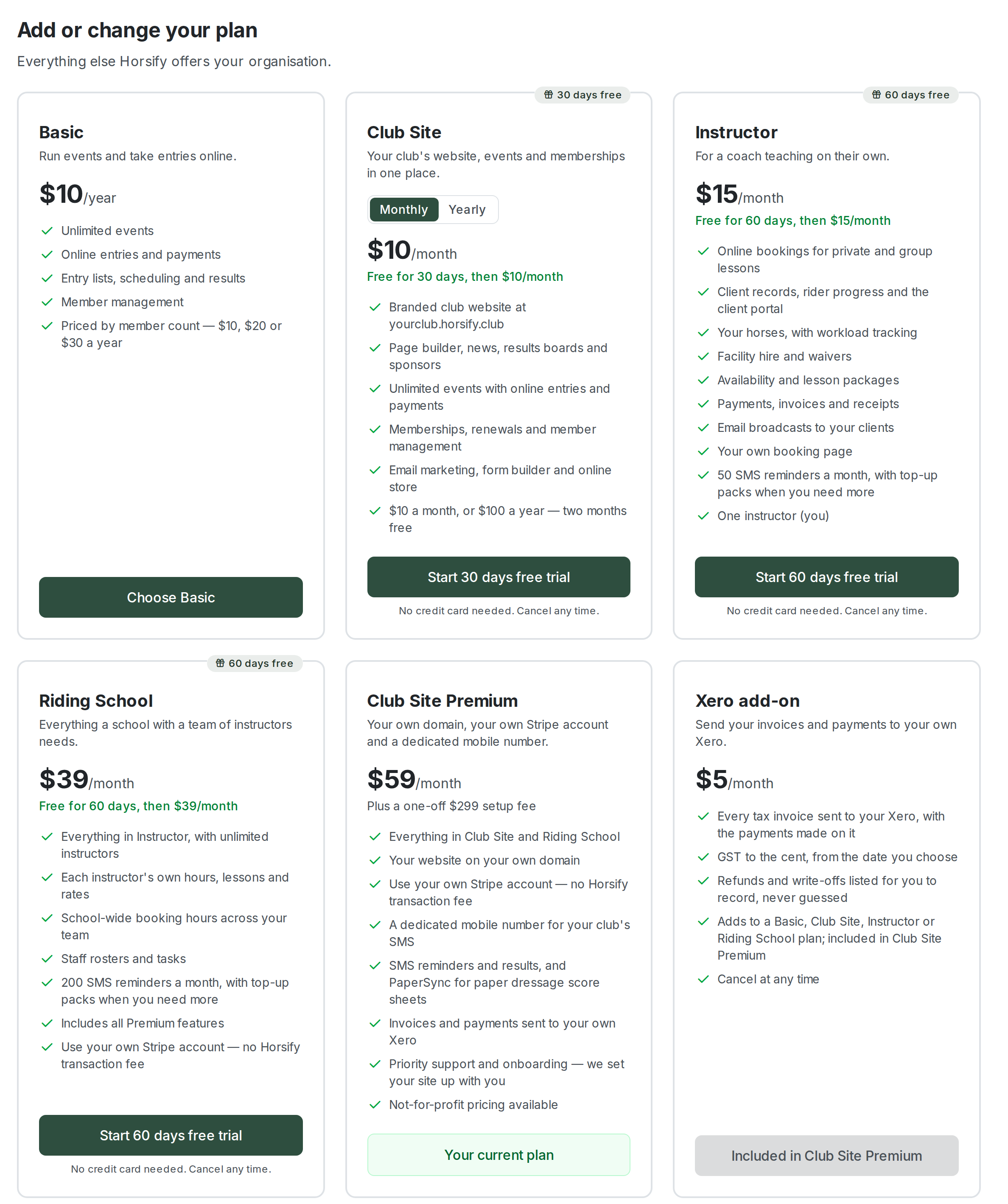 The Add or change your plan section showing cards for Basic, Club Site, Instructor, Riding School, Club Site Premium and the Xero add-on, each with its price and features. Club Site carries a 30 days free badge and a Start 30 days free trial button, Instructor and Riding School a 60 days free badge and a Start 60 days free trial button, each with the note No credit card needed. Club Site Premium is marked Your current plan