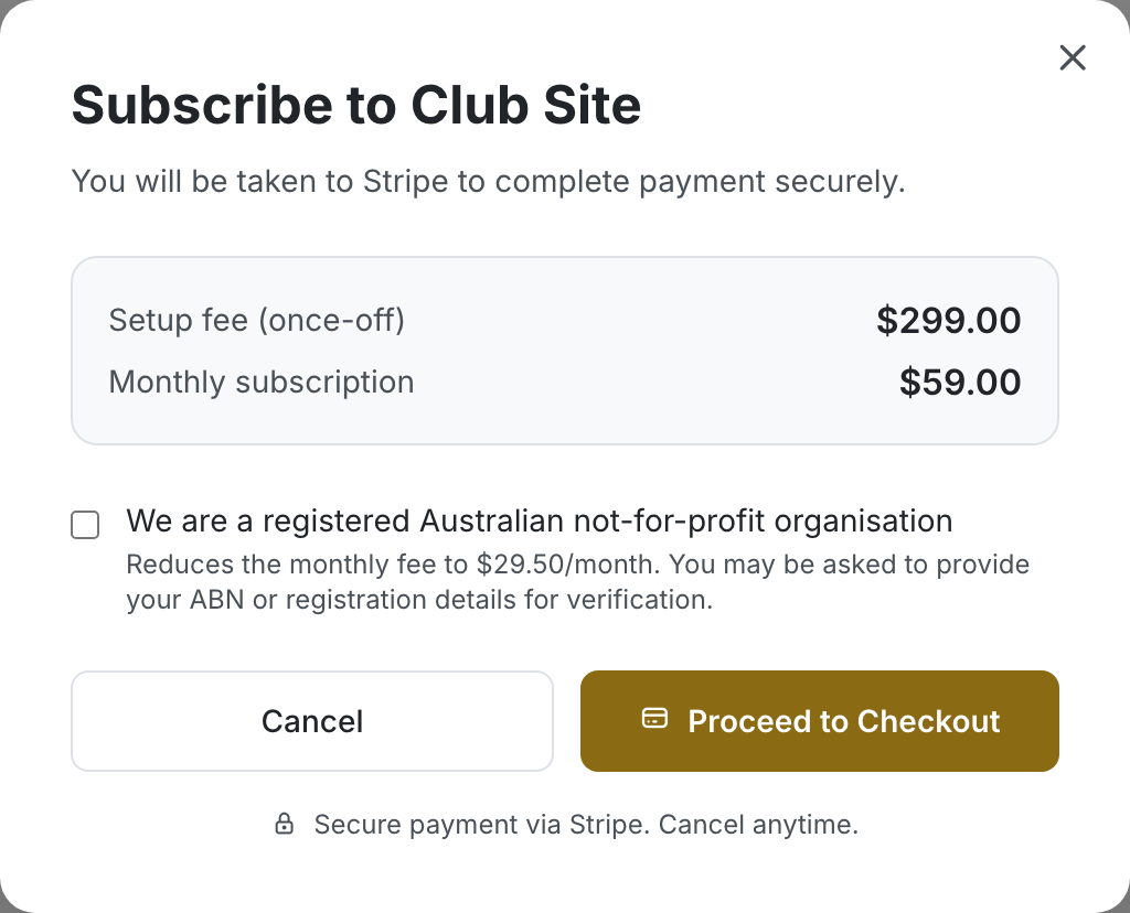 The Subscribe to Club Site Premium dialog showing a once-off setup fee of $299.00 and a monthly subscription of $59.00, a tick box reading We are a registered Australian not-for-profit organisation which reduces the monthly fee to $29.50 a month, and Cancel and Proceed to Checkout buttons