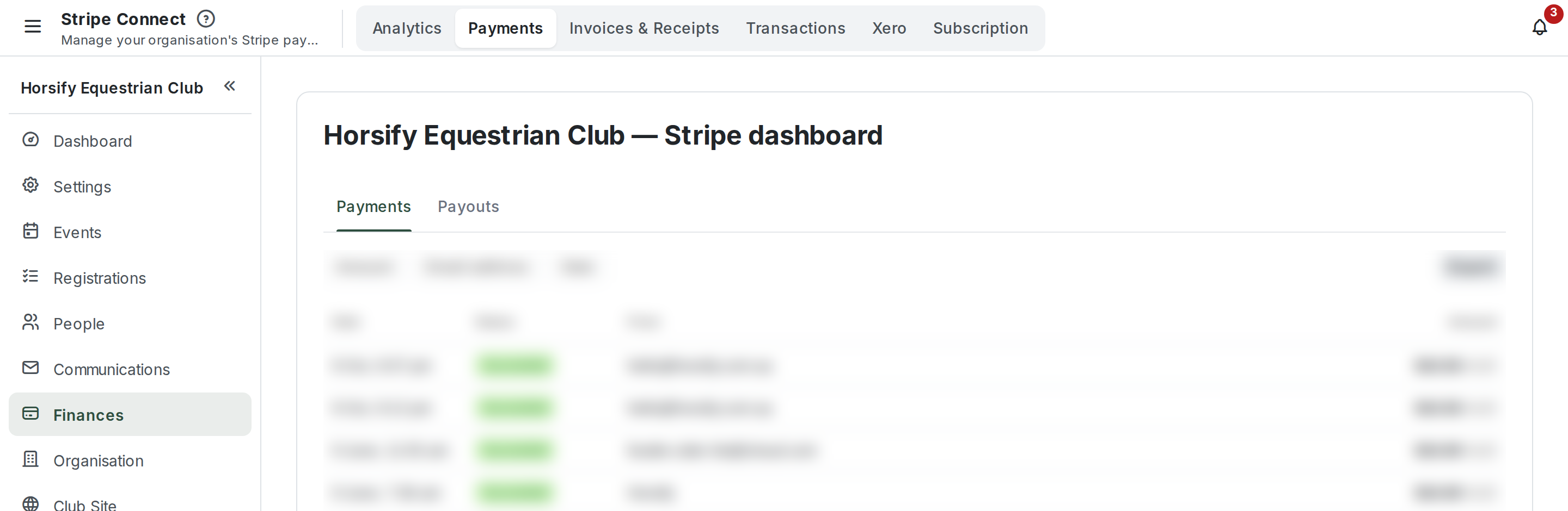The organiser menu on the left with Finances selected, and the Finances tabs along the top: Analytics, Payments, Invoices & Receipts, Transactions, Xero and Subscription. The Payments tab is open on the club's Stripe dashboard