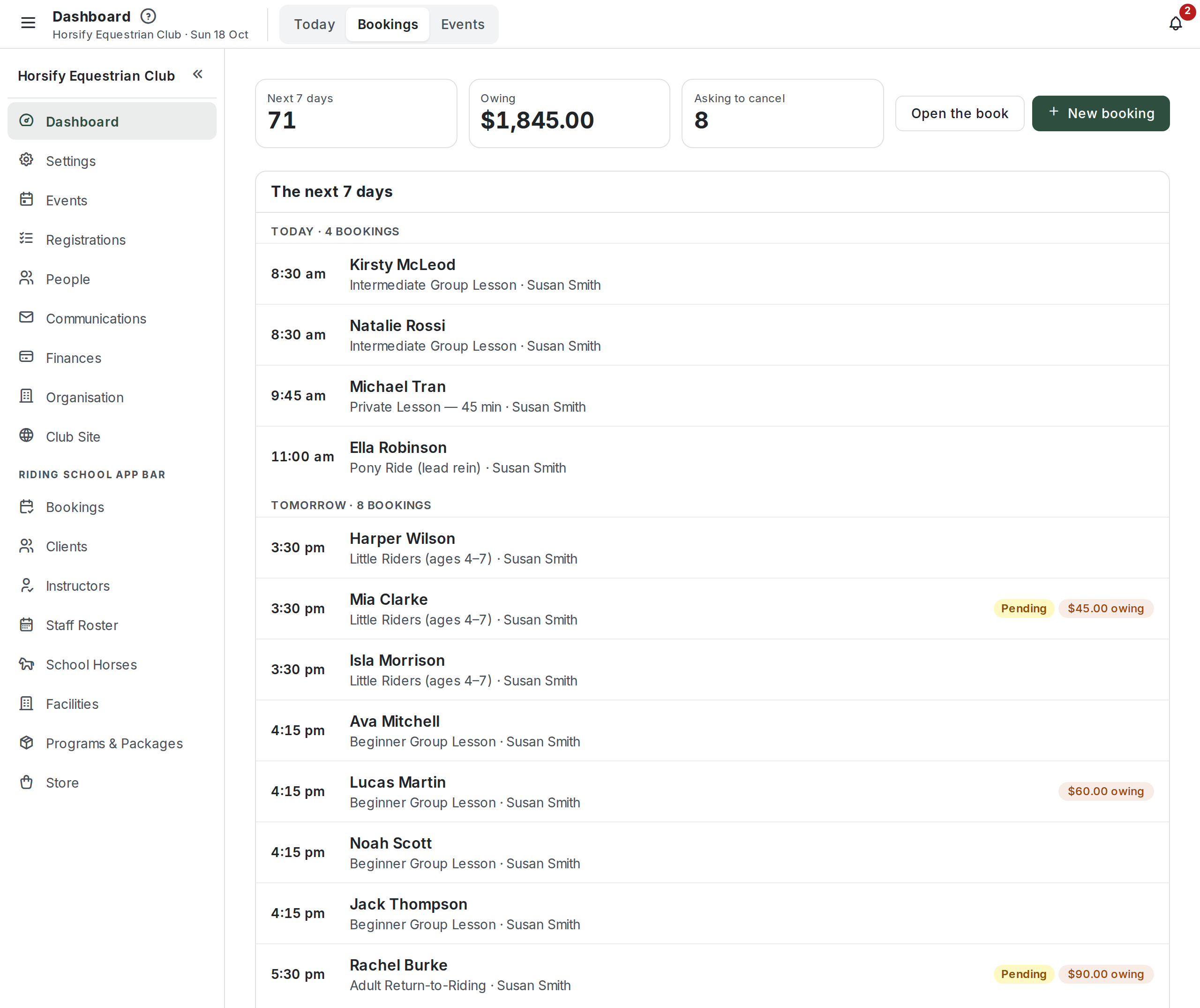 The dashboard's Bookings view: Next 7 days, Owing and Asking to cancel figures, Open the book and New booking buttons, and the next 7 days listed day by day