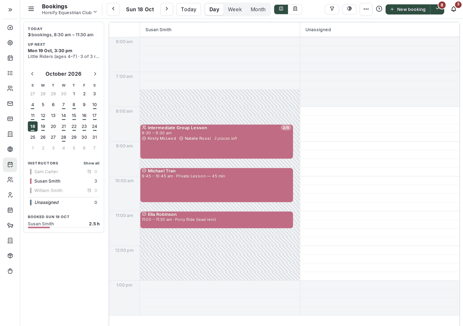 The Bookings diary in Day view: the bar along the top with the date arrows, Today, Day, Week and Month, the column and filter buttons, the help icon and New booking; a panel on the left with today's summary, a month calendar and the instructors; and one column per instructor