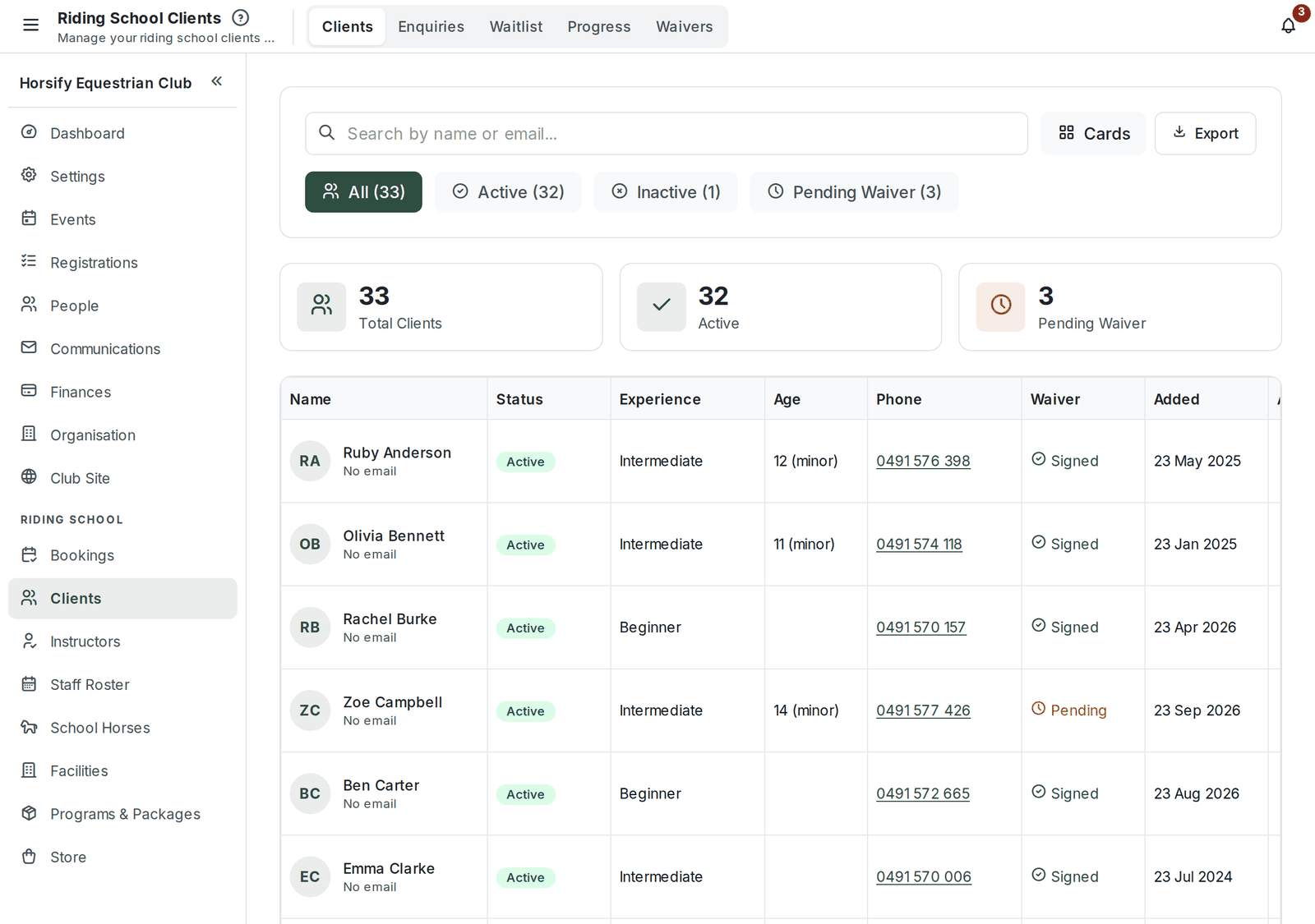 The Clients page with the Clients, Enquiries, Waitlist, Progress and Waivers tabs along the top, the search bar, the All, Active, Inactive and Pending Waiver filters, the summary tiles and the client table