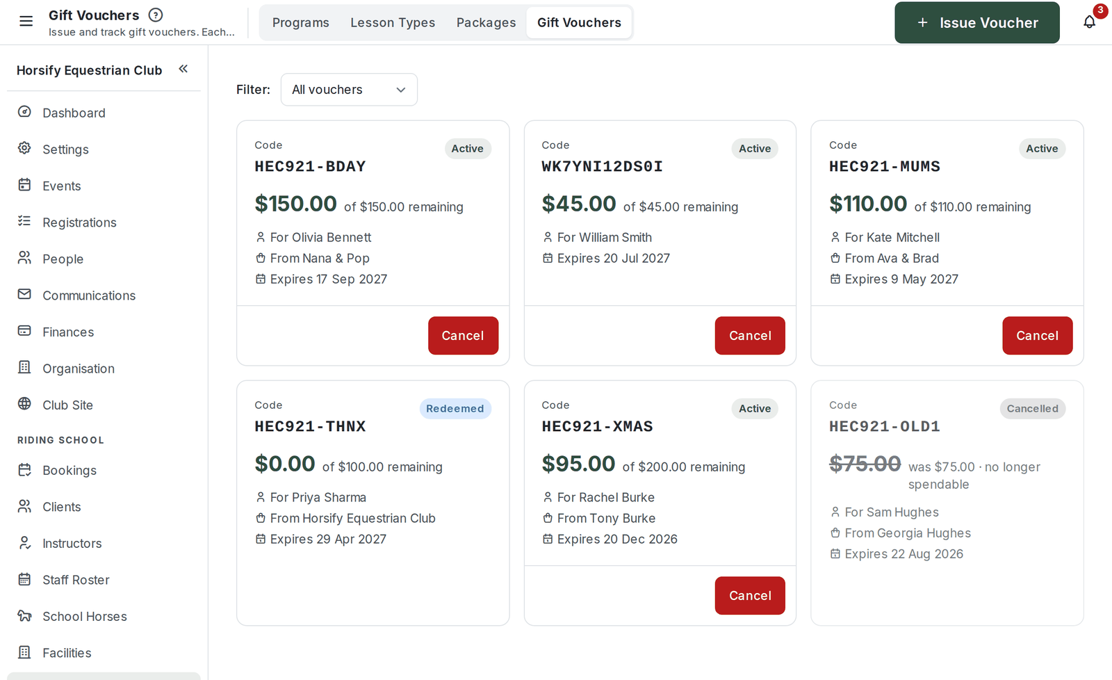 The Gift Vouchers page with Issue Voucher along the top, the filter, and a card per voucher with its code, remaining balance, recipient, giver and expiry