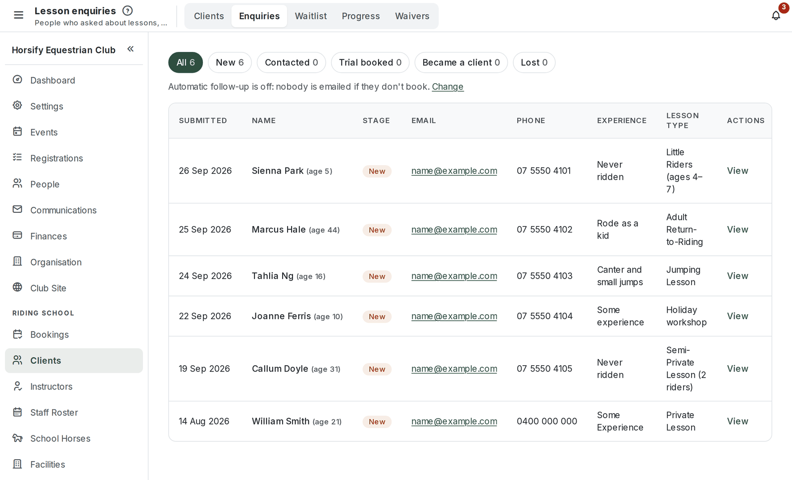 The Lesson enquiries page with the stage buttons (All, New, Contacted, Trial booked, Became a client, Lost), the automatic follow-up line and the list of enquiries
