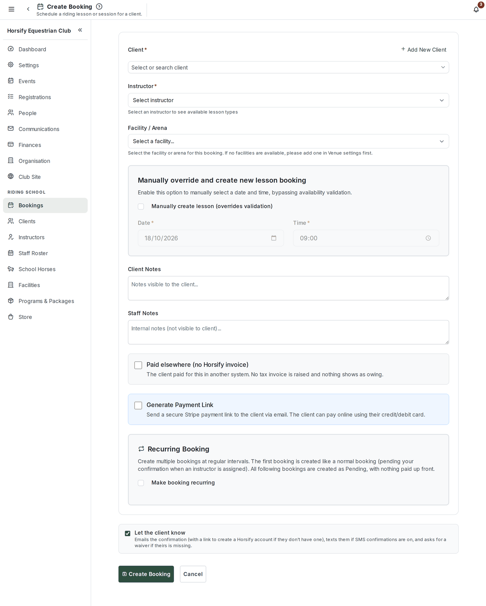 The Create Booking form with the client selector and the Add New Client link above it, then instructor, facility, the manual override, notes, payment options, recurring booking and Let the client know