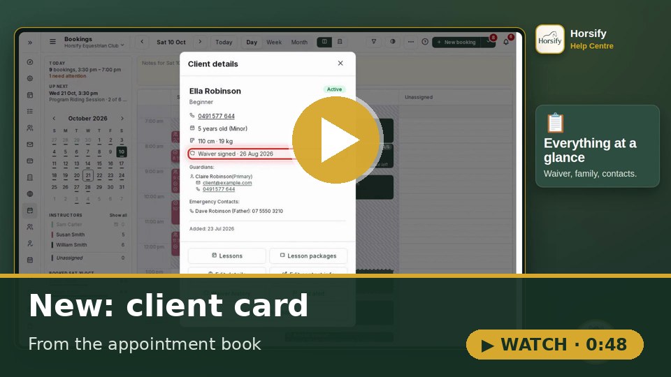 Watch: Open a client's card from the appointment book (0:48)