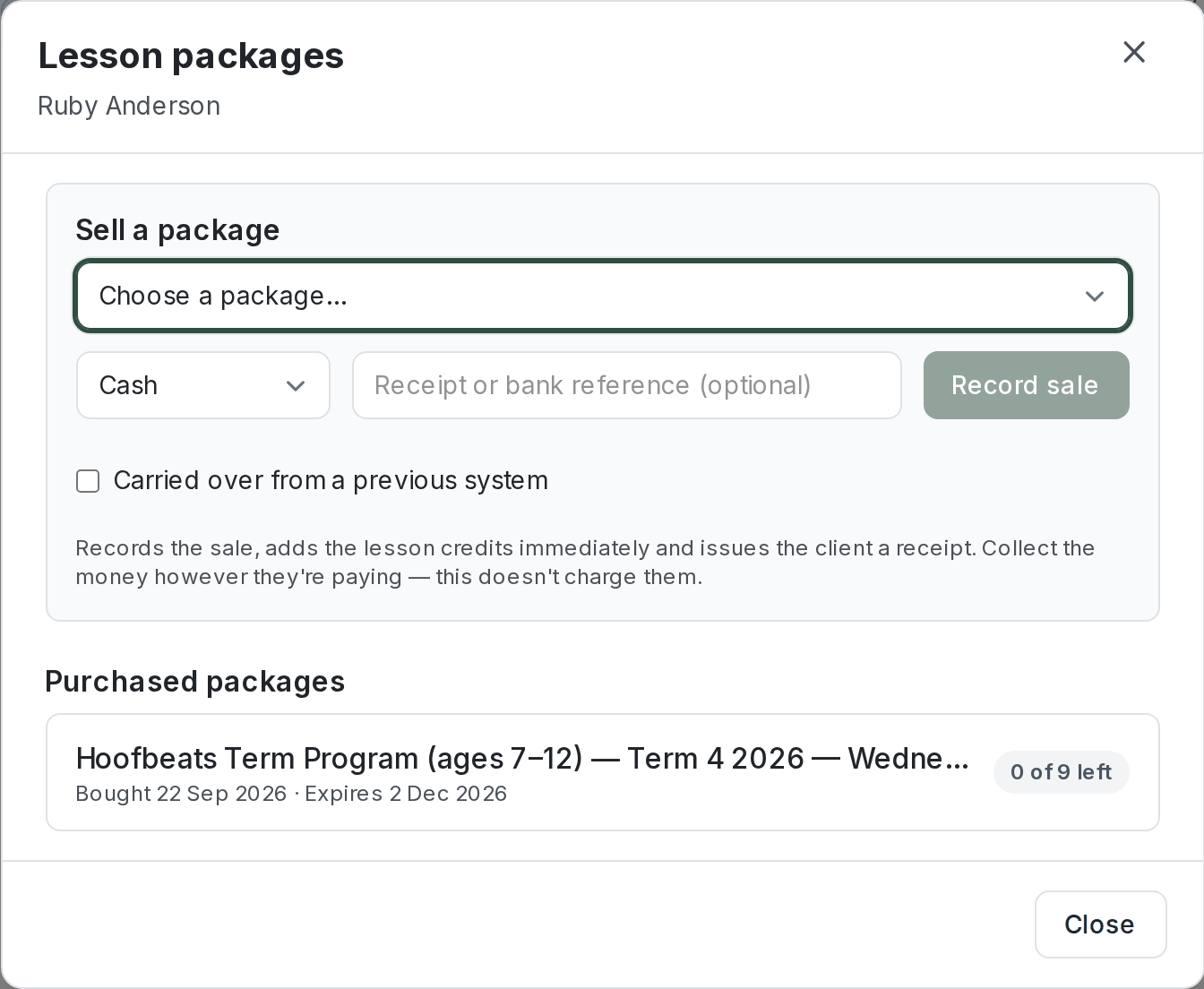 The client's Lesson packages dialog, showing the sell control and their current balances