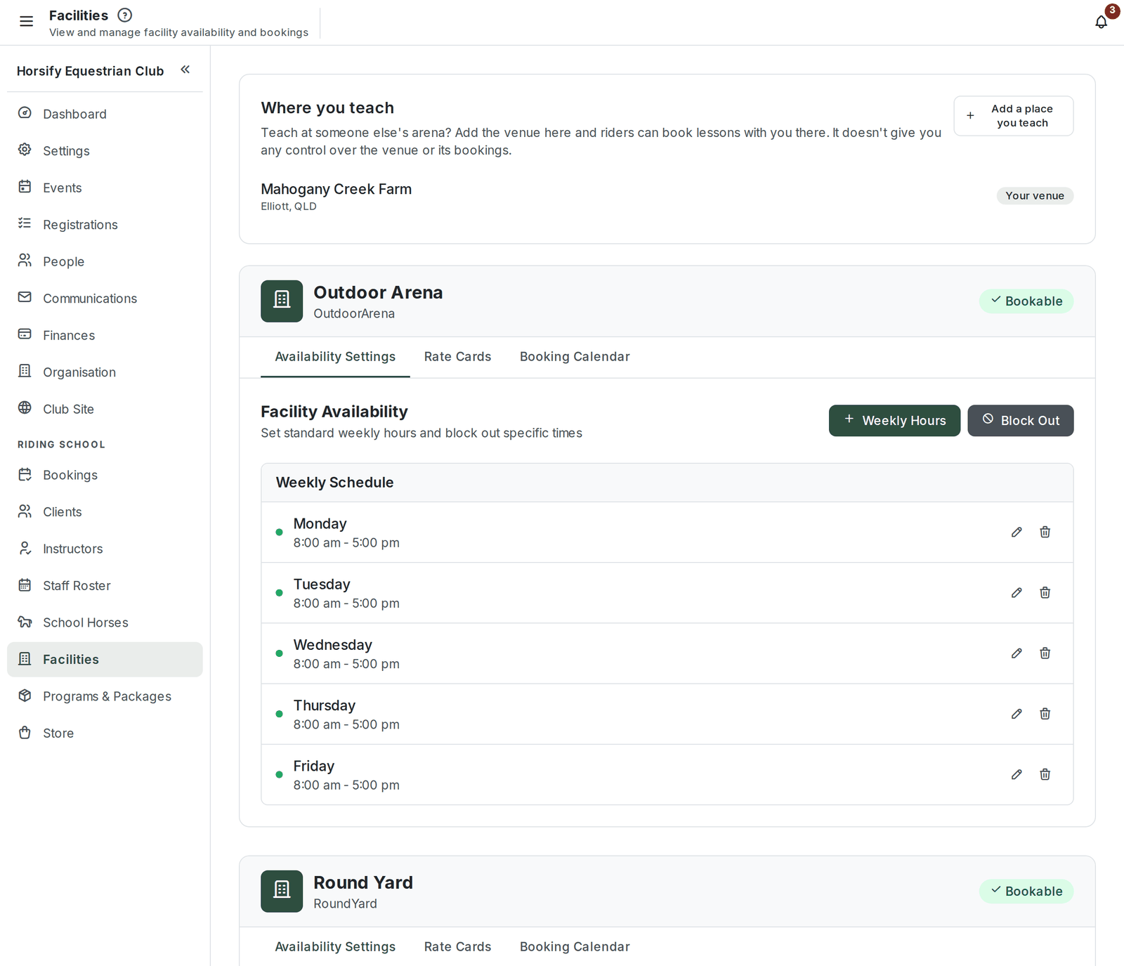 The Facilities page in the organiser menu: the Where you teach card with the club's own venue, then a bookable arena with its Availability Settings, Rate Cards and Booking Calendar tabs and its weekly schedule