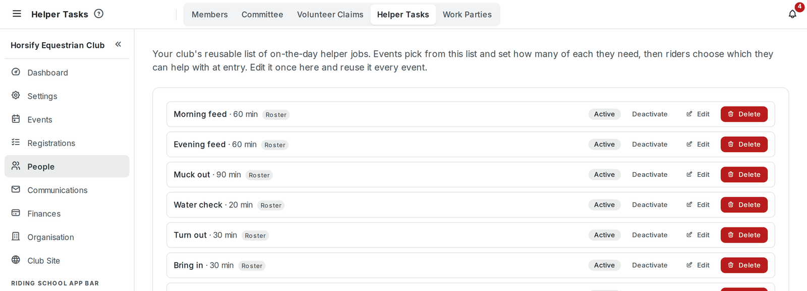 The organiser menu down the left with People selected, and the People tabs along the top (Members, Committee, Volunteer Claims, Helper Tasks, Work Parties) with Helper Tasks open
