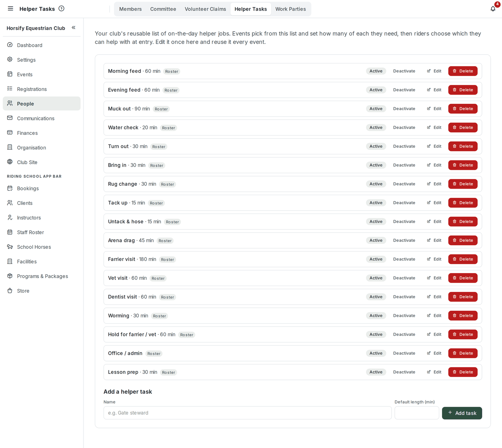 The Helper Tasks page showing the club's list of reusable helper jobs, each with an Active badge and Deactivate, Edit and Delete buttons, plus an Add a helper task form at the bottom